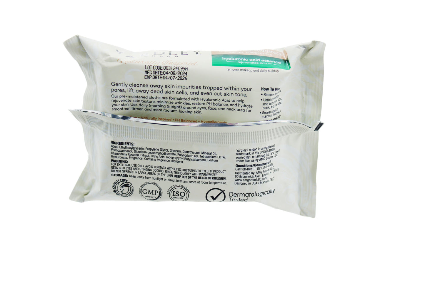Face Wipes 2 Pack Yardley London Deep Cleansing WIth Hyaluronic Acid Essence 25 Wipes