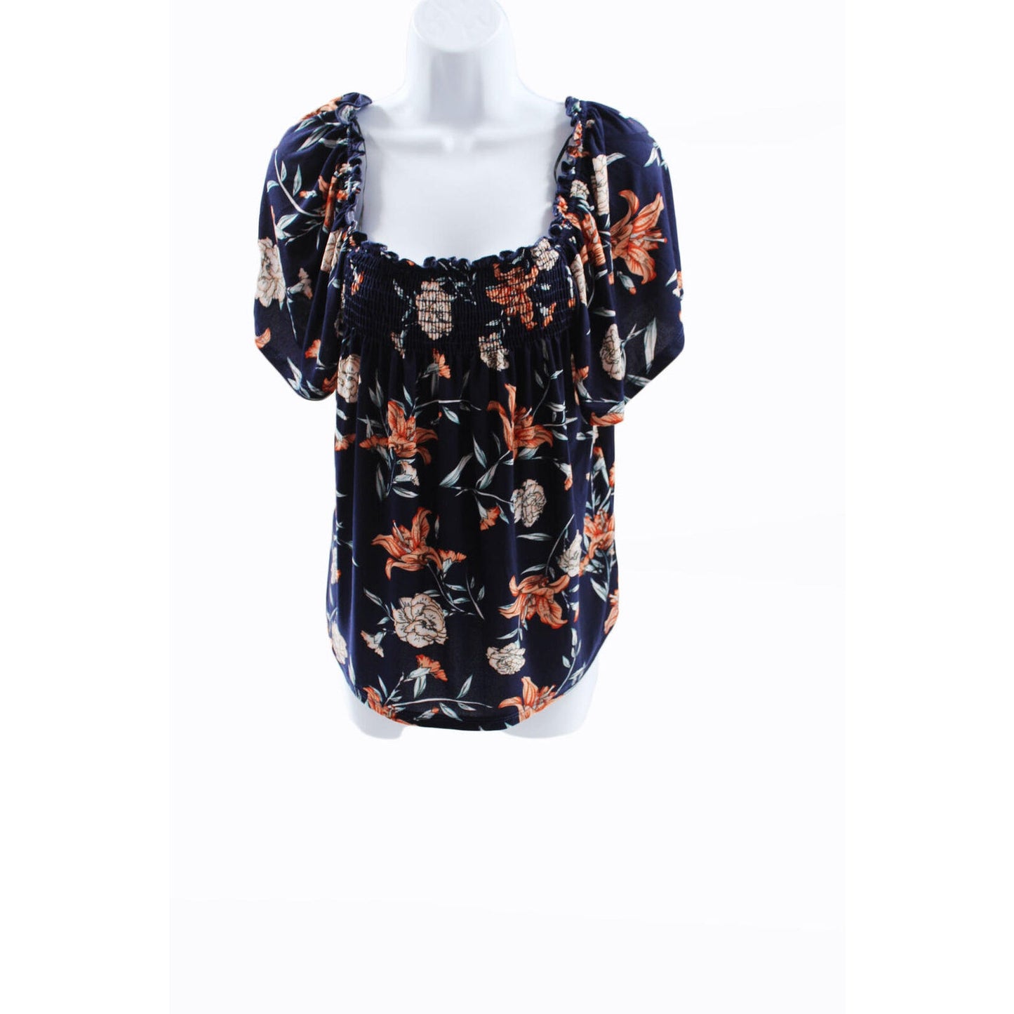 NY Collection Women Petite Smocked Front Short Sleeve Top Sz Petite Small Multi