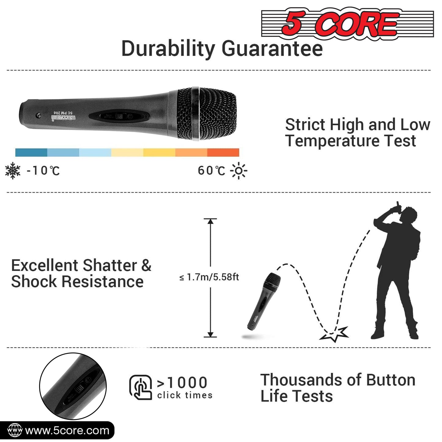 5 Core Microphone XLR Dynamic Mic Karaoke Singing Handheld Microfono Wired Professional Unidirectional 1/4 Plug In Cord Connection for Vocal DJ Music - PM-286