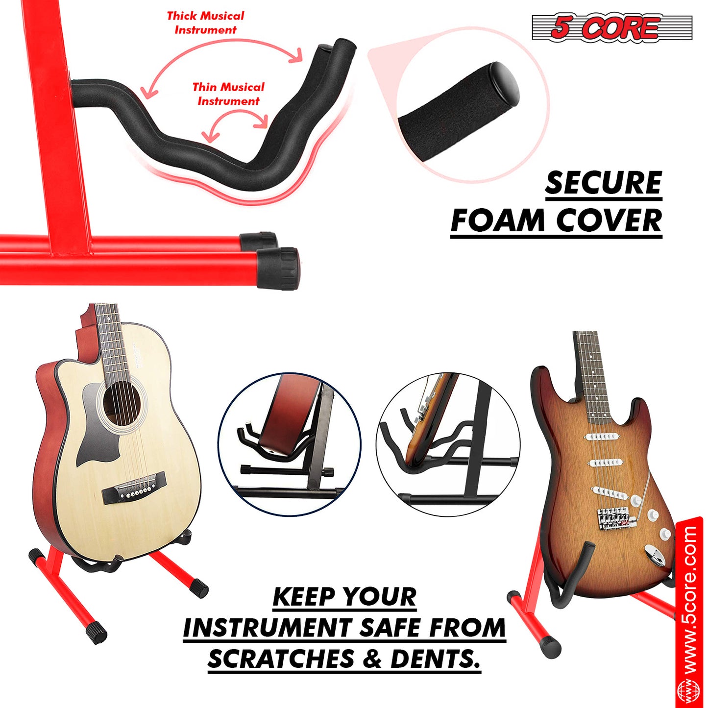 5 Core Guitar Stand Floor Pair Adjustable Heavy Duty A Frame Universal Folding Acoustic Electric Bass Mandolin Banjo Violin Stands For On Stage Studio - GSS Red 2PCS
