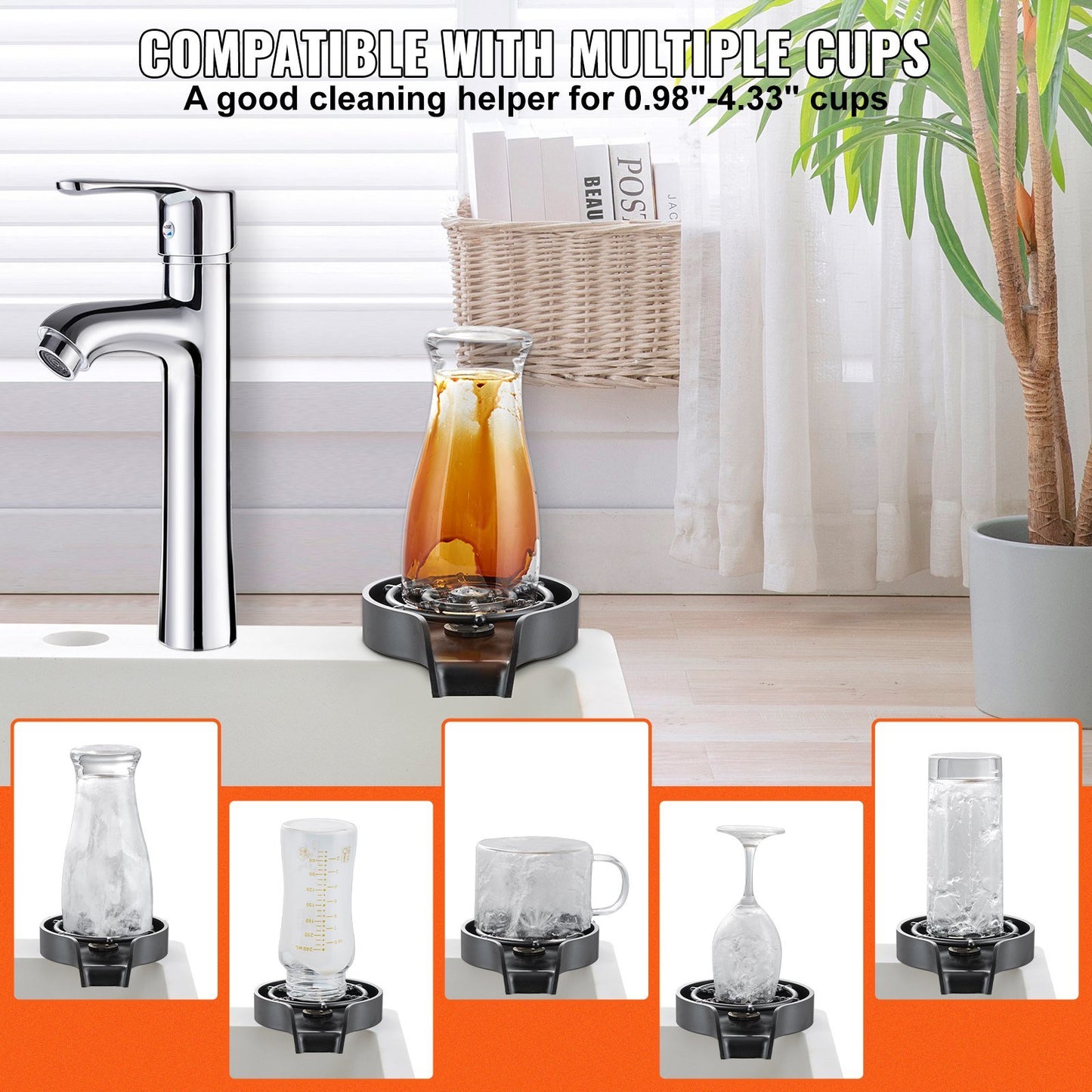 Glass Rinser, 10 Powerful Spraying Jets 360° Rotating Cup Rinser for Sink, Wearproof ABS Kitchen Sink Faucet Cup Washer & ABS Cup Holder for Baby Bottle, Glass Cup, Wine Glass (Black Base)