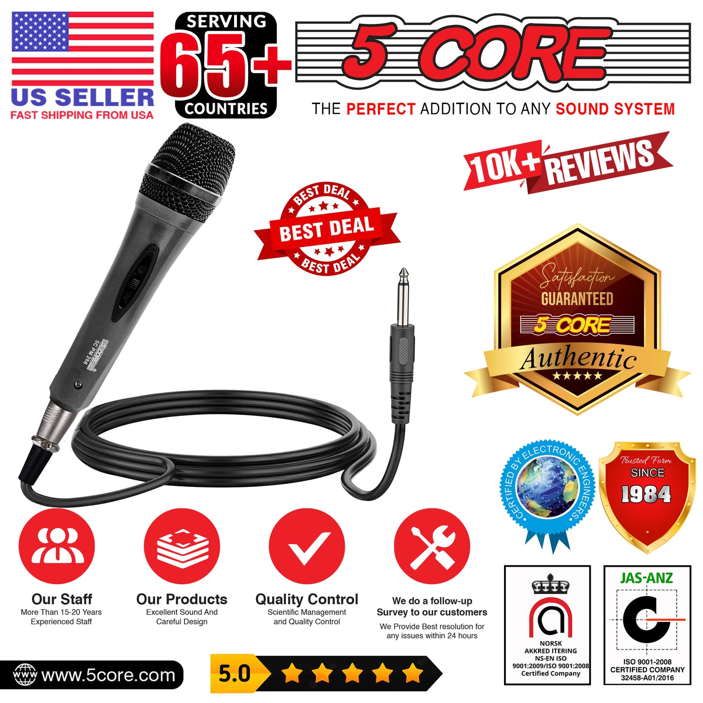 5 Core Microphone XLR Dynamic Mic Karaoke Singing Handheld Microfono Wired Professional Unidirectional 1/4 Plug In Cord Connection for Vocal DJ Music - PM-286