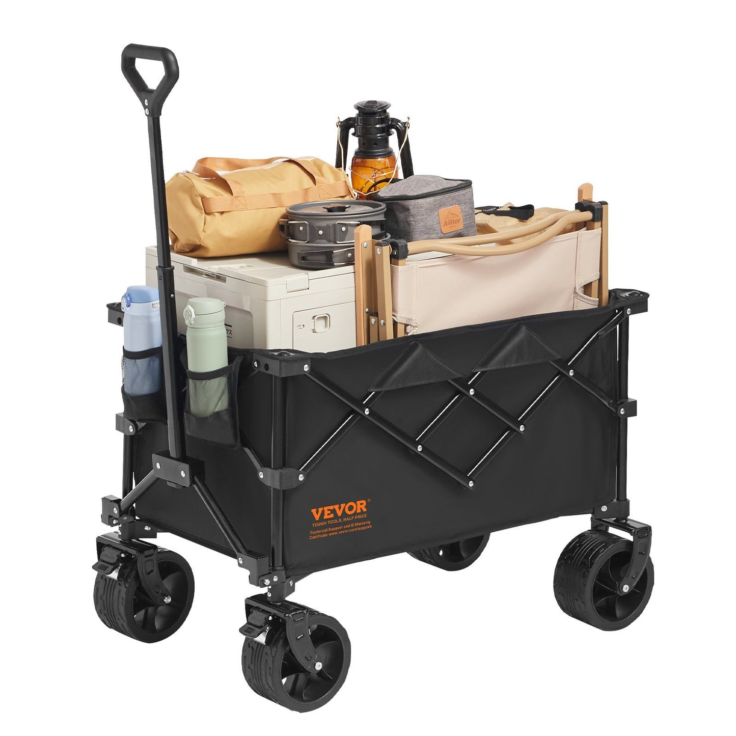 Collapsible Folding Wagon, 150 L Beach Wagon Cart with All-Terrain Wheels, Heavy Duty Folding Wagon Cart Max 265 lbs with Drink Holders, Sports Wagon for Camping, Shopping, Garden