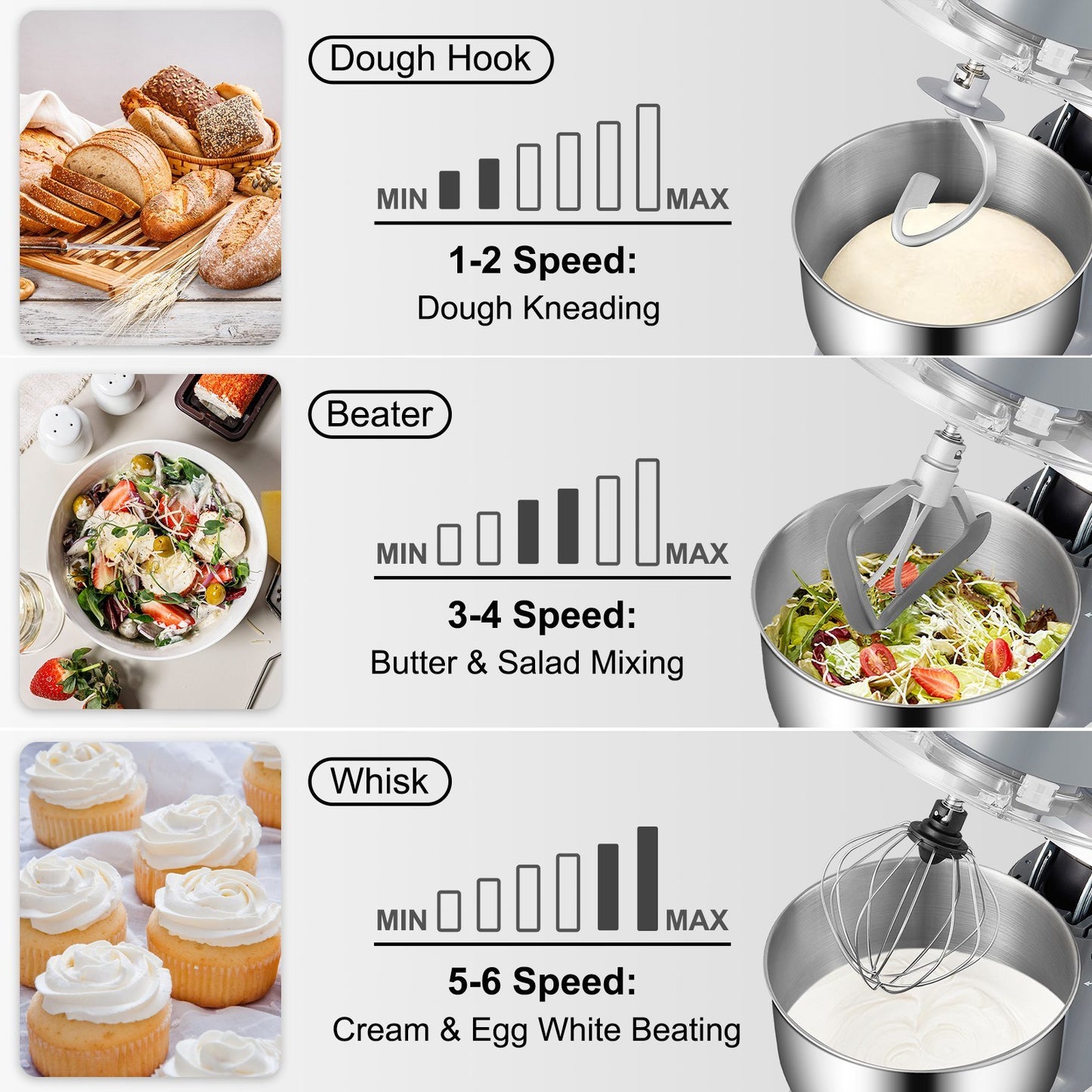 Stand Mixer; 660W Electric Dough Mixer with 6 Speeds LCD Screen Timing; Tilt-Head Food Mixer with 5.8 Qt Stainless Steel Bowl; Dough Hook