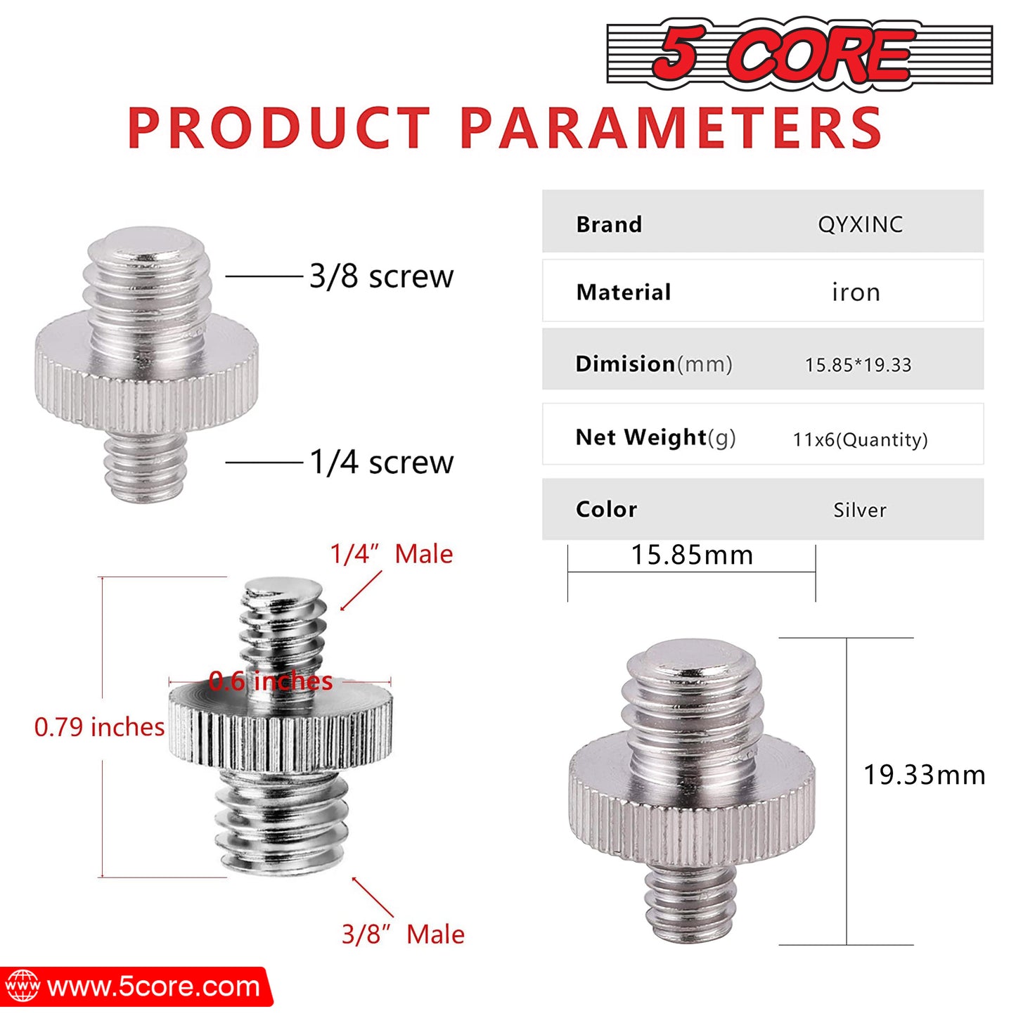 5 Core 1/4" Male to 3/8"-16 Male Threaded Tripod Screw Adapter Standard Tripod Mounting Thread Camera Adapter Converter for Camera Cage Mount Light Stand Monopod 5 Pack