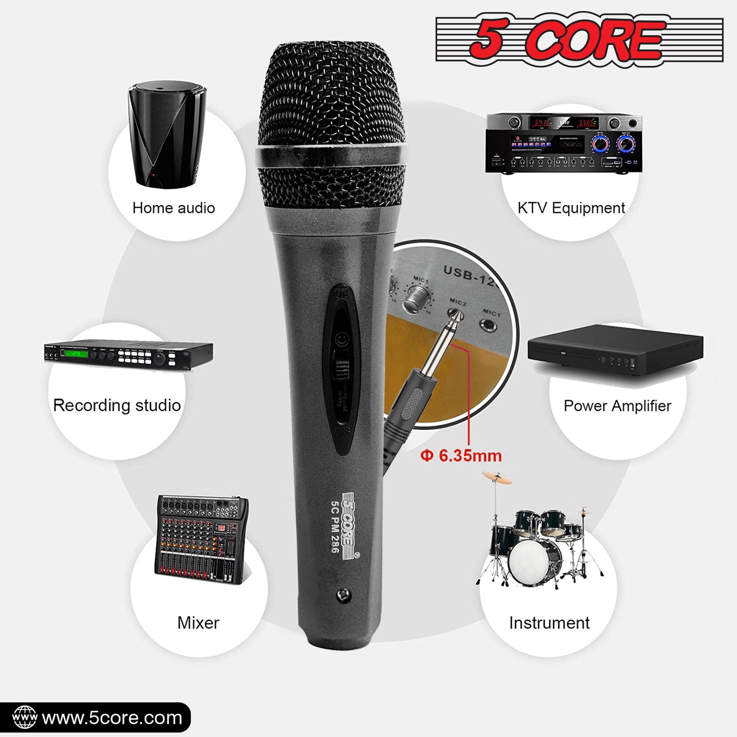 5 Core Microphone XLR Dynamic Mic Karaoke Singing Handheld Microfono Wired Professional Unidirectional 1/4 Plug In Cord Connection for Vocal DJ Music - PM-286