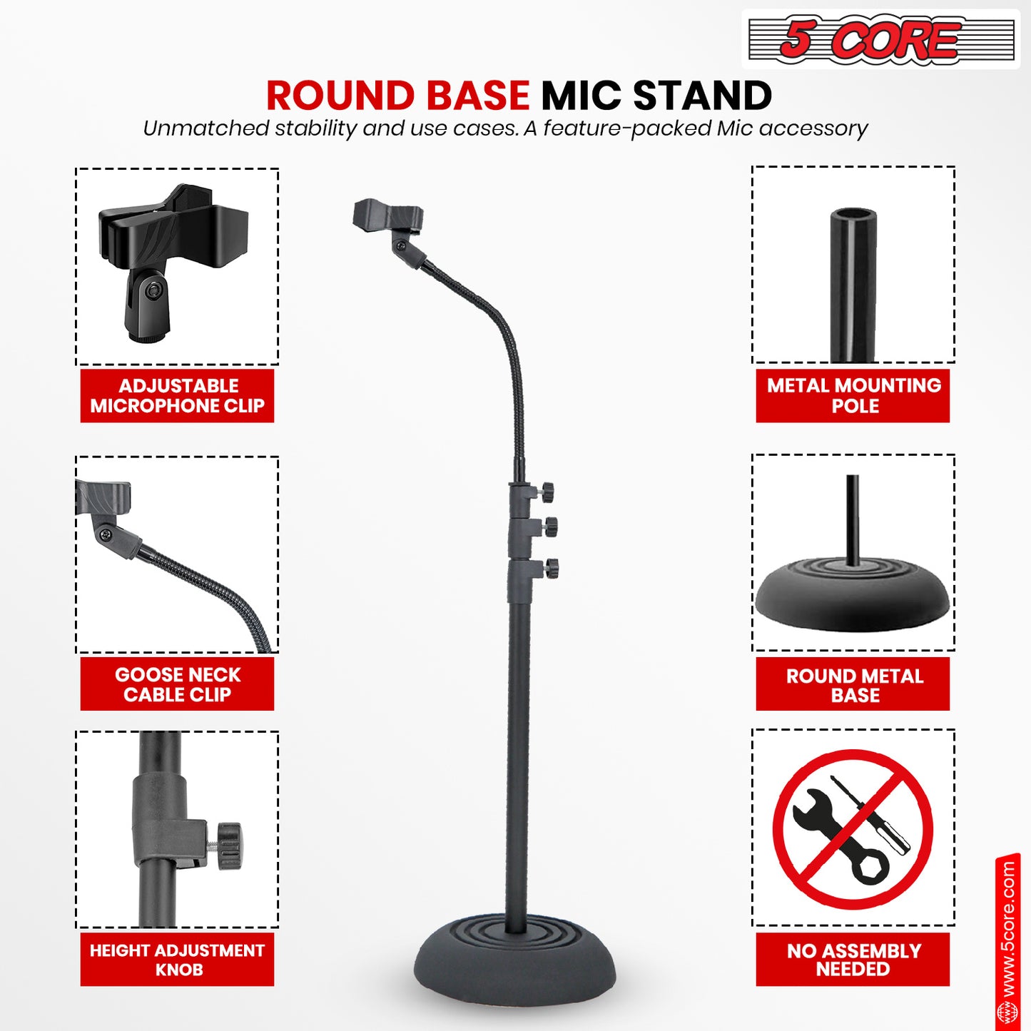 5 Core Mic Stand Floor Adjustable Universal Heavy Duty Gooseneck Microphone Stands Round Base Soporte De micrófono - MS RBP 3T GSE