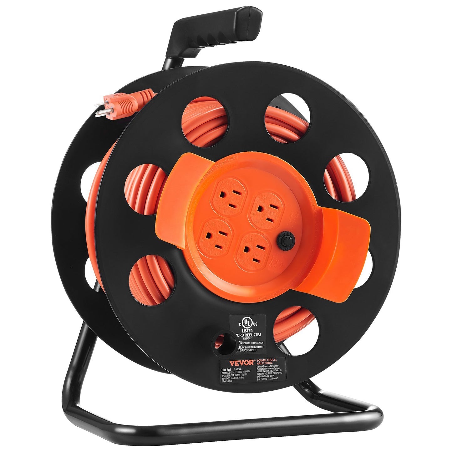 Extension Cord Reel, 100FT, with 4 Outlets and Dust Cover, Heavy Duty 12AWG SJTOW Power Cord, Manual Cord Reel with Portable Handle Circuit Breaker, for Outdoor Indoor Toolshed Garage, UL Listed