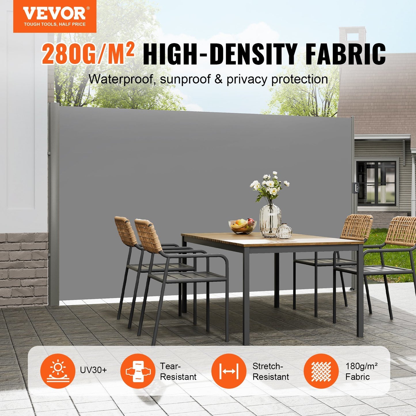 Retractable Side Awning, 63''x 118'' Full Aluminum Rust-Proof Outdoor Privacy Screen, Folding Room Divider Wind Screen for Patio Sun Shade, Backyard, Balcony, Roof Terraces and Pools, Gray