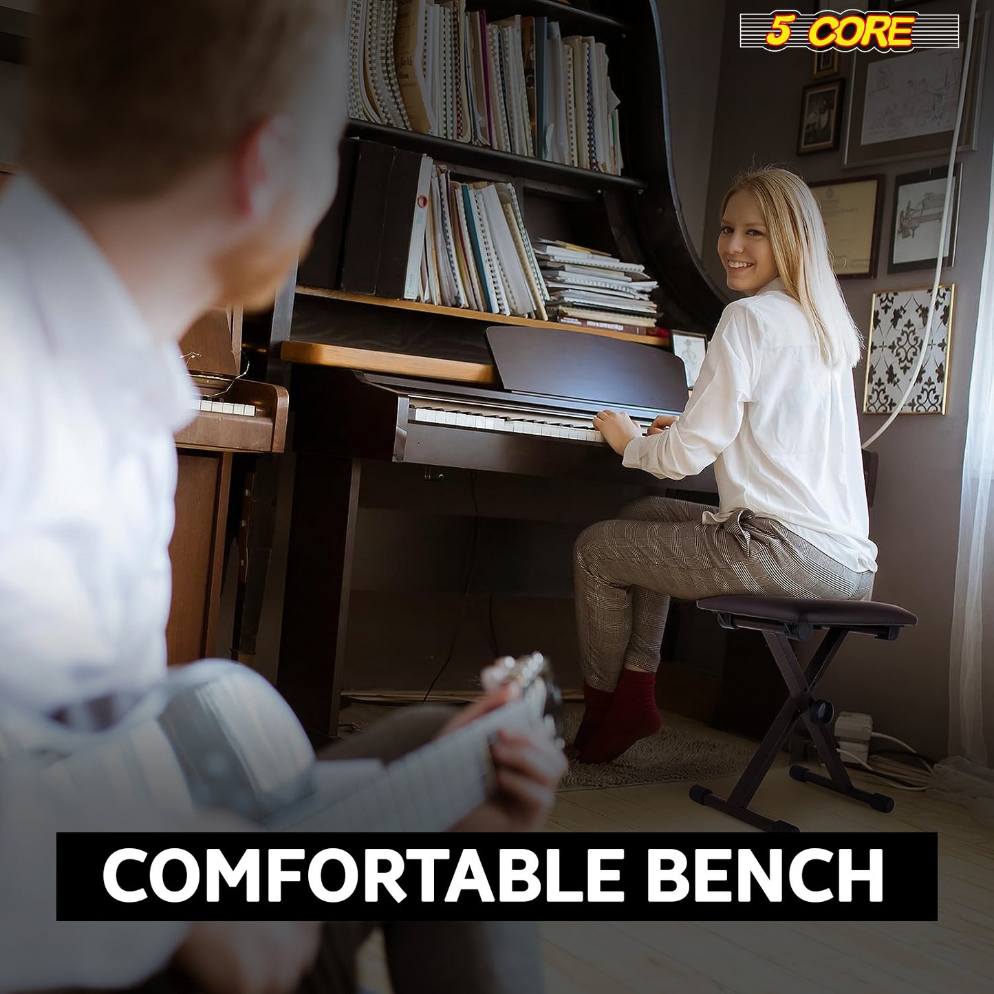 5 Core Keyboard Bench X Style Piano Stool Thick Padded Seat 16.3 to 19.6 inch Adjustable Keyboards Chair Brown - KBB 02 BR