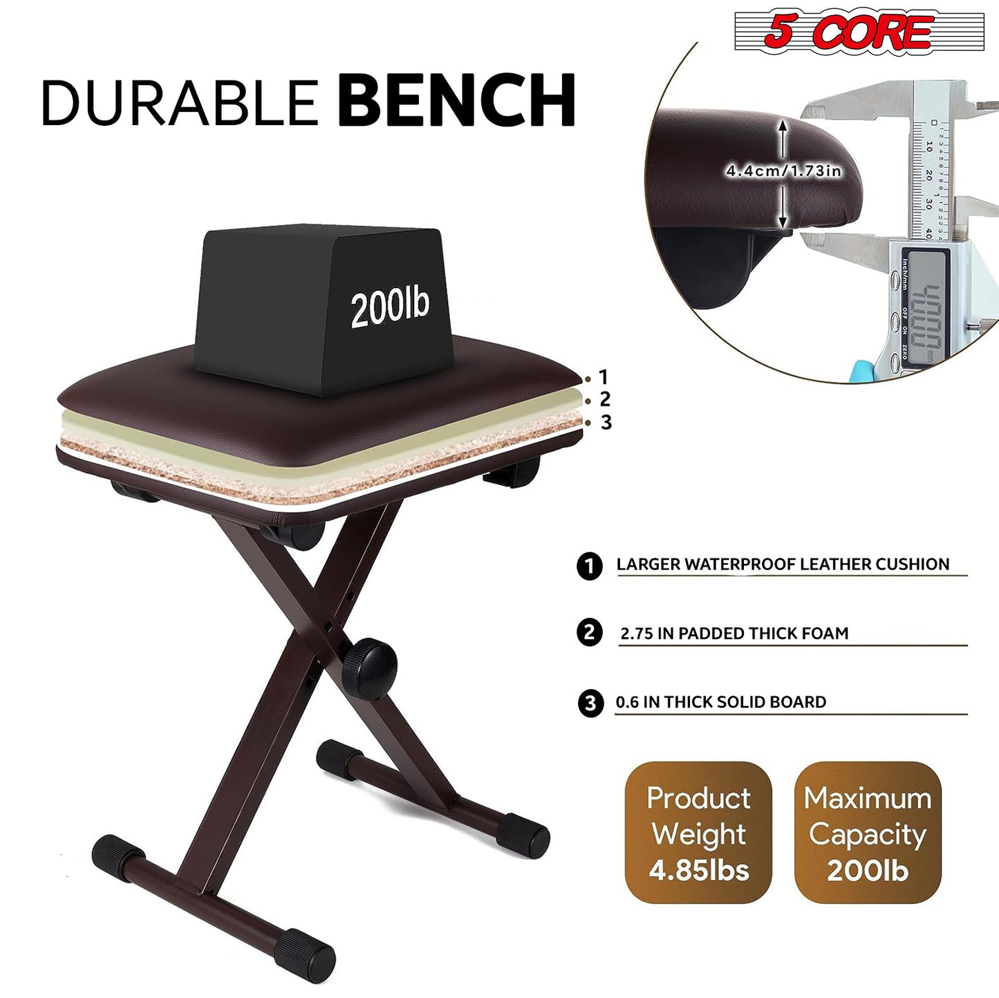 5 Core Keyboard Bench X Style Piano Stool Thick Padded Seat 16.3 to 19.6 inch Adjustable Keyboards Chair Brown - KBB 02 BR