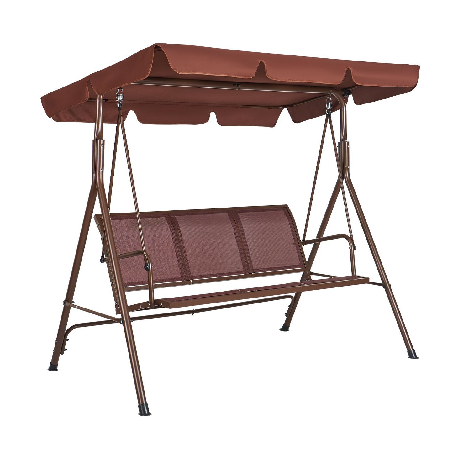 3-Seat Patio Swing Chair, Outdoor Patio Swing with Adjustable Canopy, Porch Swing with Armrests, Teslin Fabric and Alloy Steel Frame, for Balcony, Backyard, Patio, Garden, Poolside, Brown