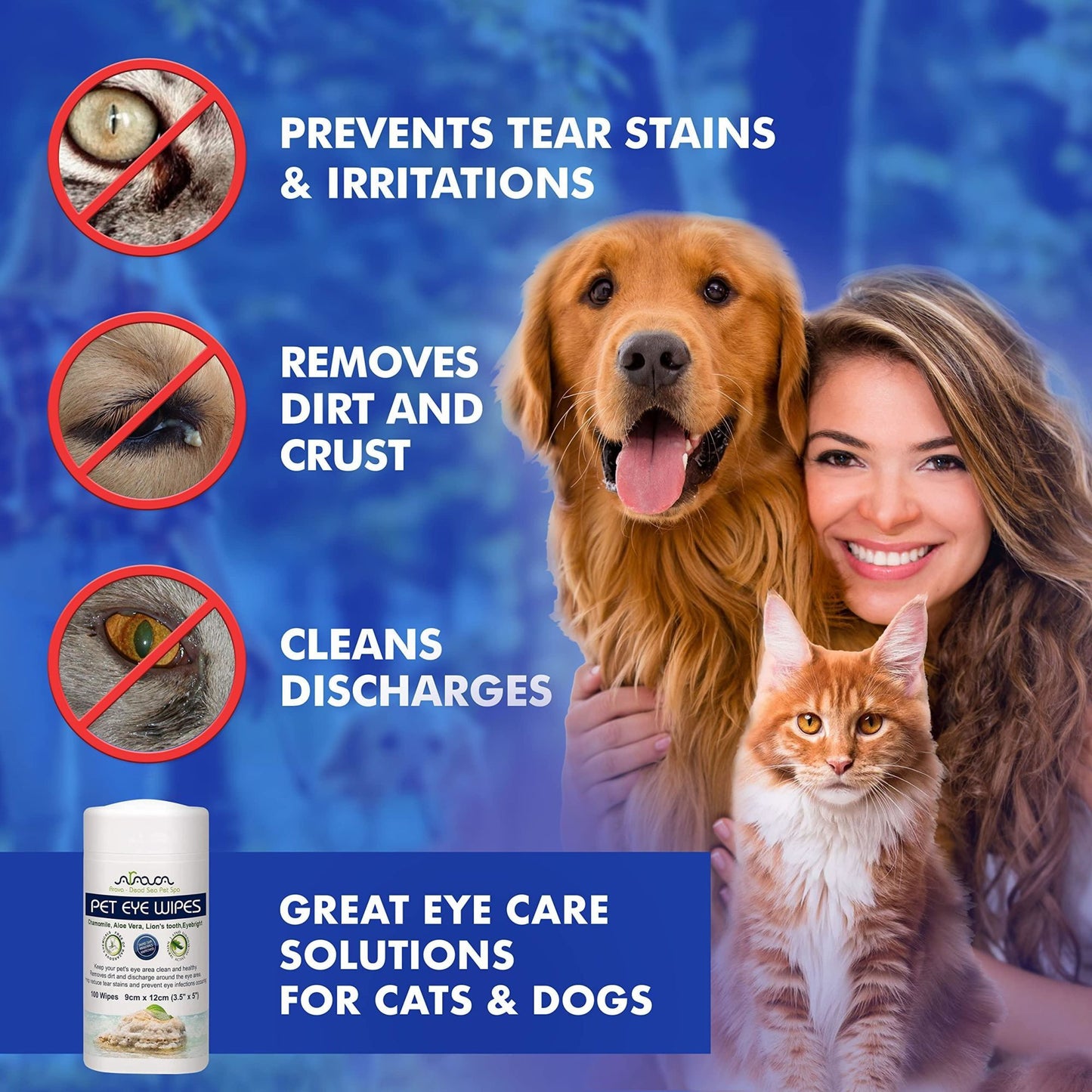 Pet Eye Wipes for Dogs Cats Puppies & Kittens 100 Count Natural and Aromatherapy Medicated Removes Dirt Crust and Discharge Prevents Tear Stain Infections & Irritations Soft & Gentle