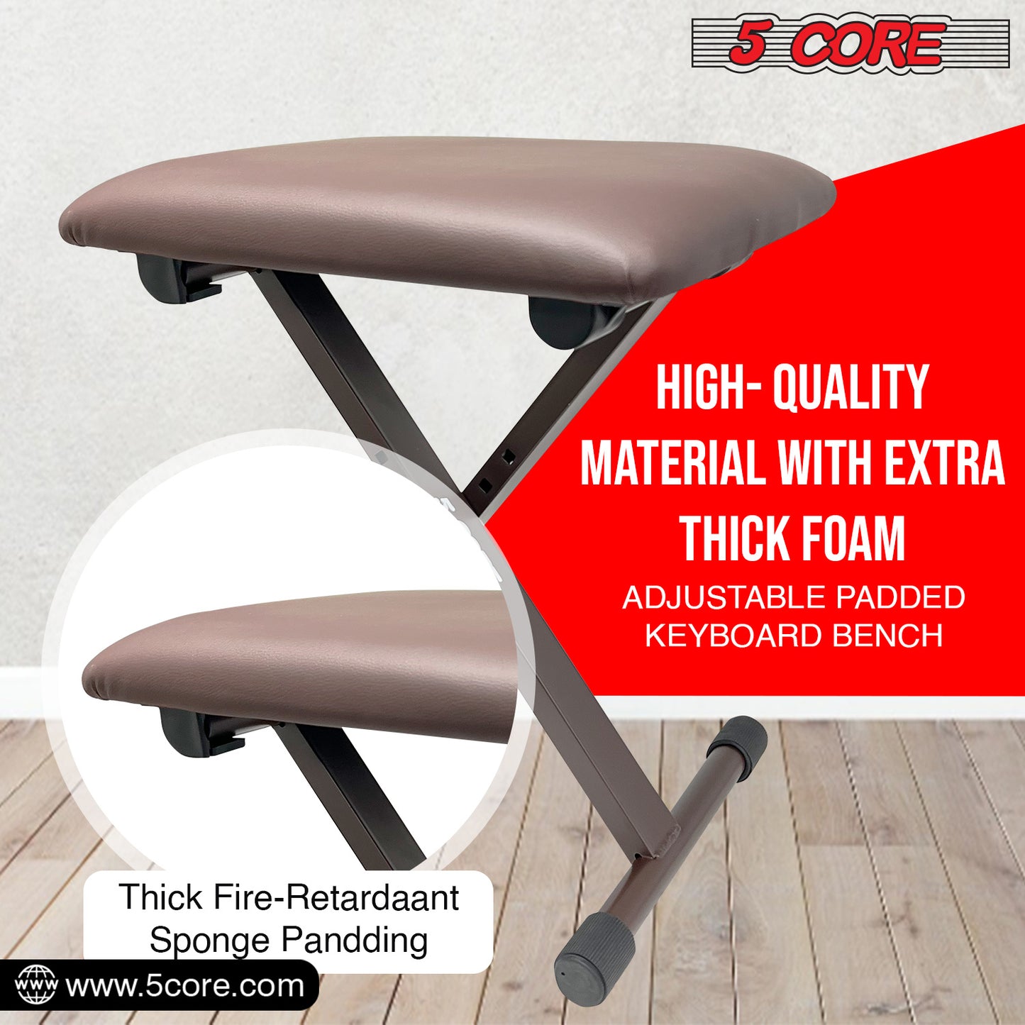 5 Core Keyboard Bench X Style Piano Stool Thick Padded Seat 16.3 to 19.6 inch Adjustable Keyboards Chair Brown - KBB 02 BR