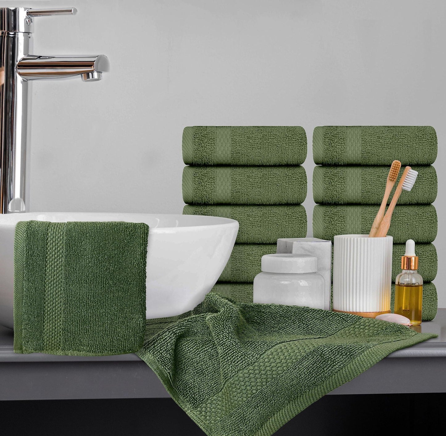 Luxury Washcloths for Bathroom Hotel Spa Kitchen 12 Pcs Set Circlet Egyptian Cotton Highly Absorbent Hotel Quality Face Towels 13x13 Inch Forest Green