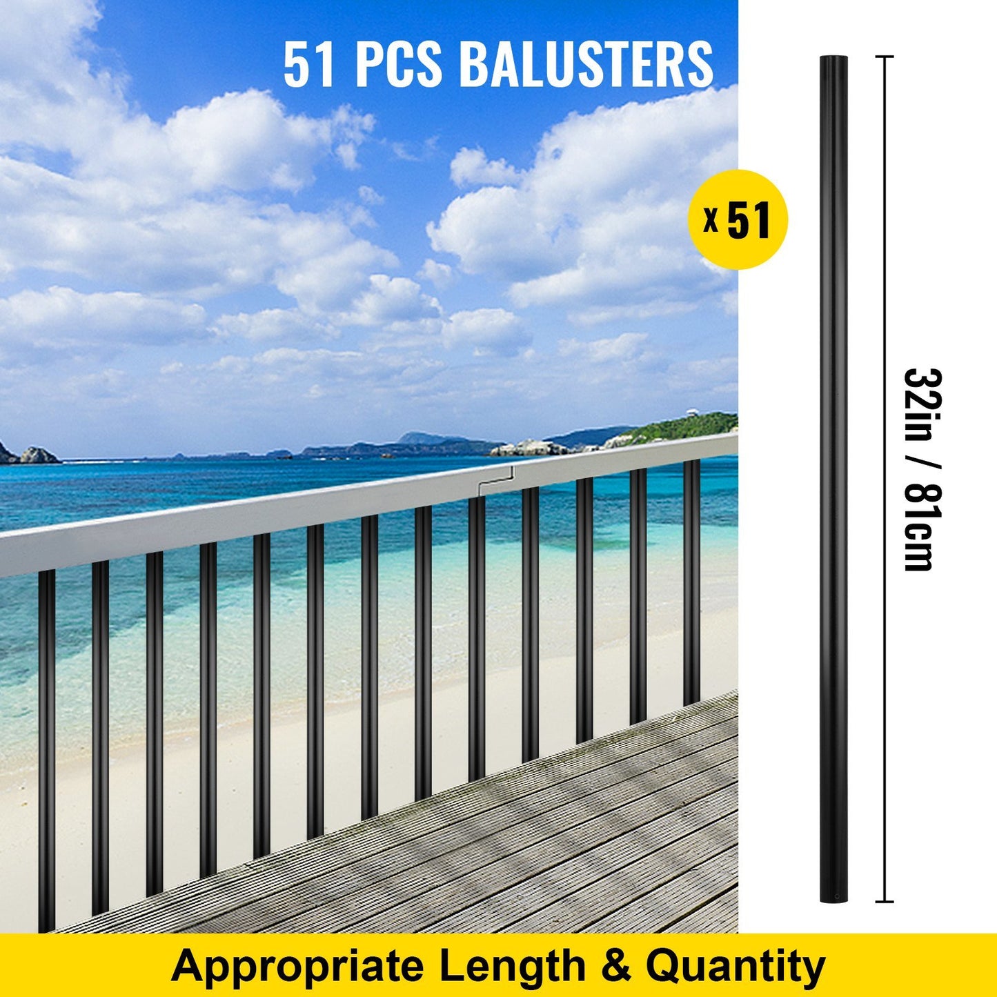 Deck Balusters, 51 Pack Metal Deck Spindles, 32"x0.75" Staircase Baluster with Screws, Aluminum Alloy Deck Railing for Wood and Composite Deck, Circle Baluster for Outdoor Stair Deck Porch
