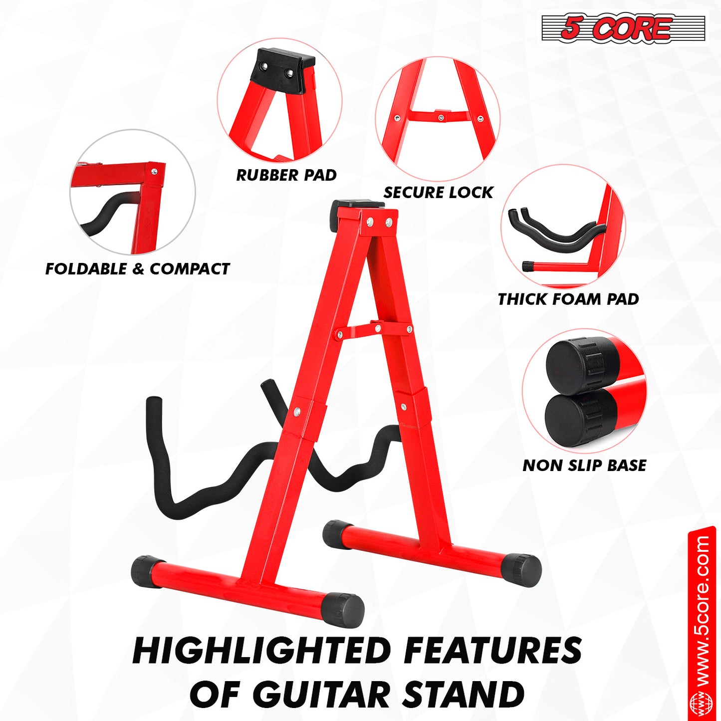 5 Core Guitar Stand Floor Pair Adjustable Heavy Duty A Frame Universal Folding Acoustic Electric Bass Mandolin Banjo Violin Stands For On Stage Studio - GSS Red 2PCS