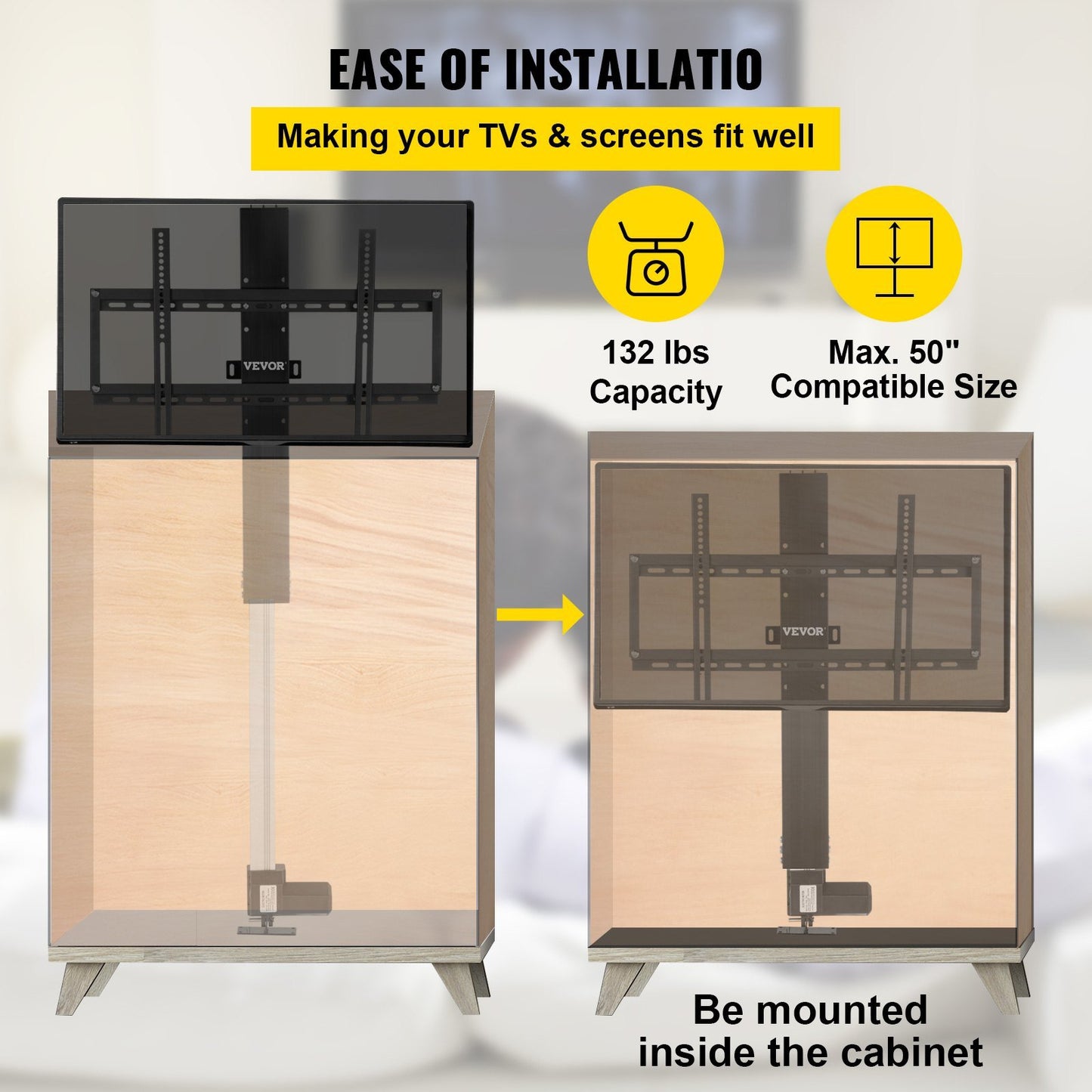 Motorized TV Lift Stroke Length 28 Inches Motorized TV Mount Fit for Max.50 Inch TV Lift with Remote Control Height Adjustable 38-65 Inch,Load Capacity 132 Lbs