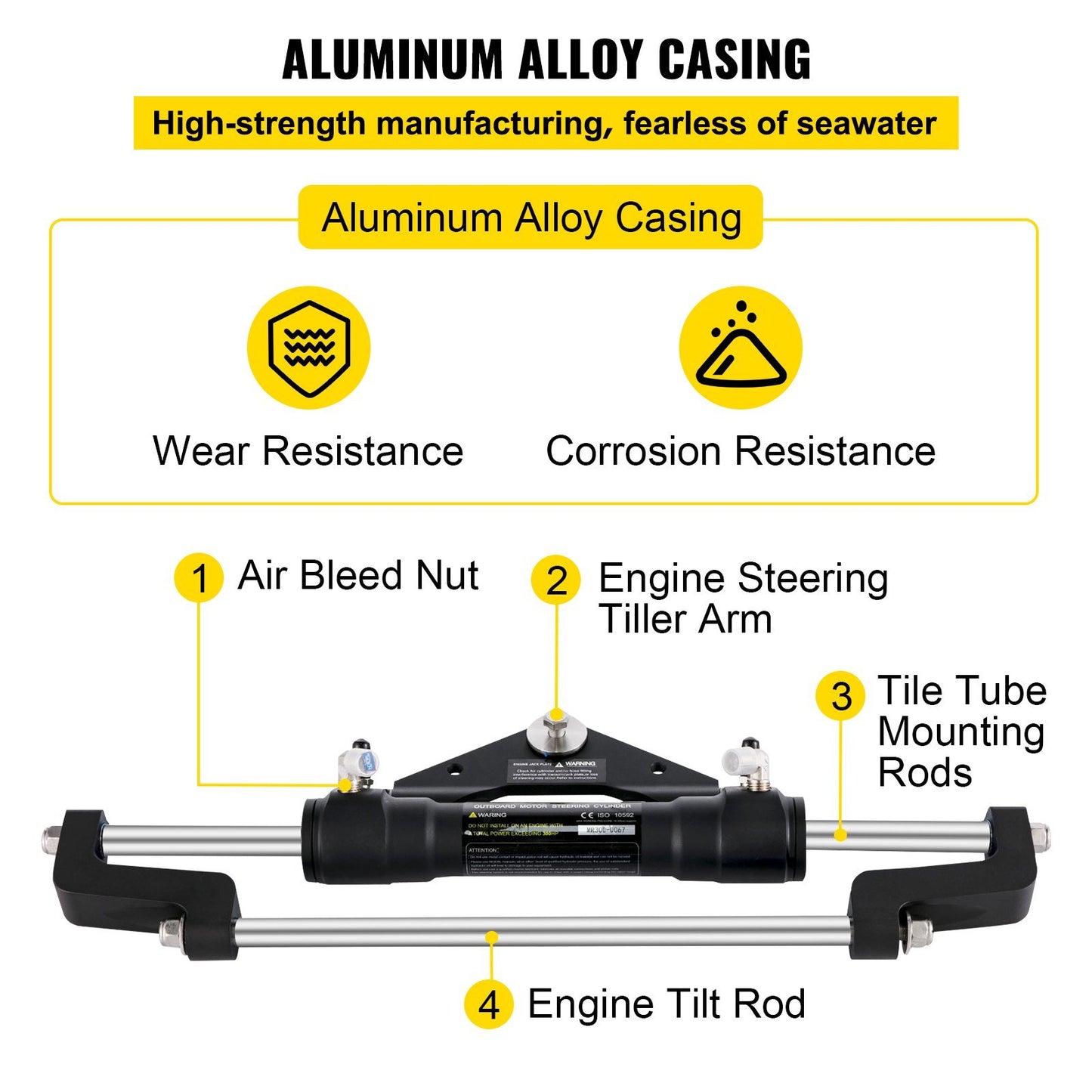 Hydraulic Steering Cylinder 300HP, Hydraulic Steering, Front Mount, Hydraulic Outboard Steering Cylinder for Marine Boat Steering System