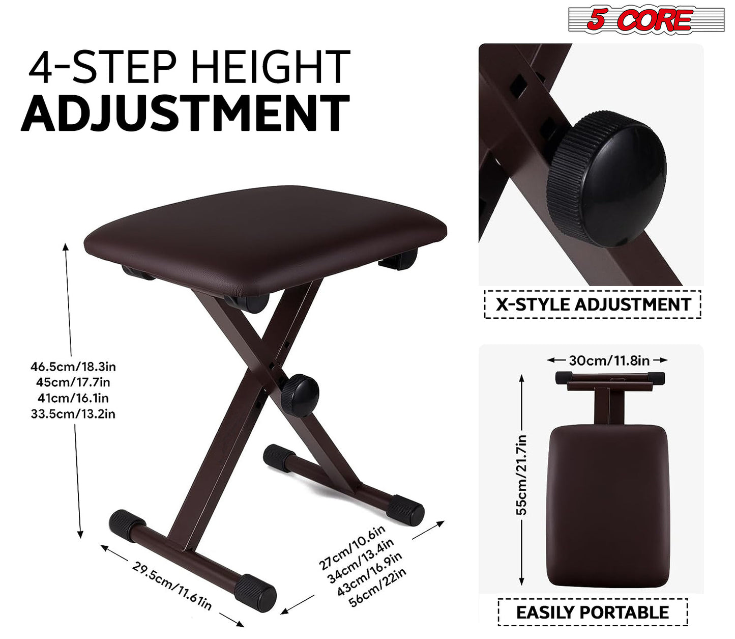 5 Core Keyboard Bench X Style Piano Stool Thick Padded Seat 16.3 to 19.6 inch Adjustable Keyboards Chair Brown - KBB 02 BR