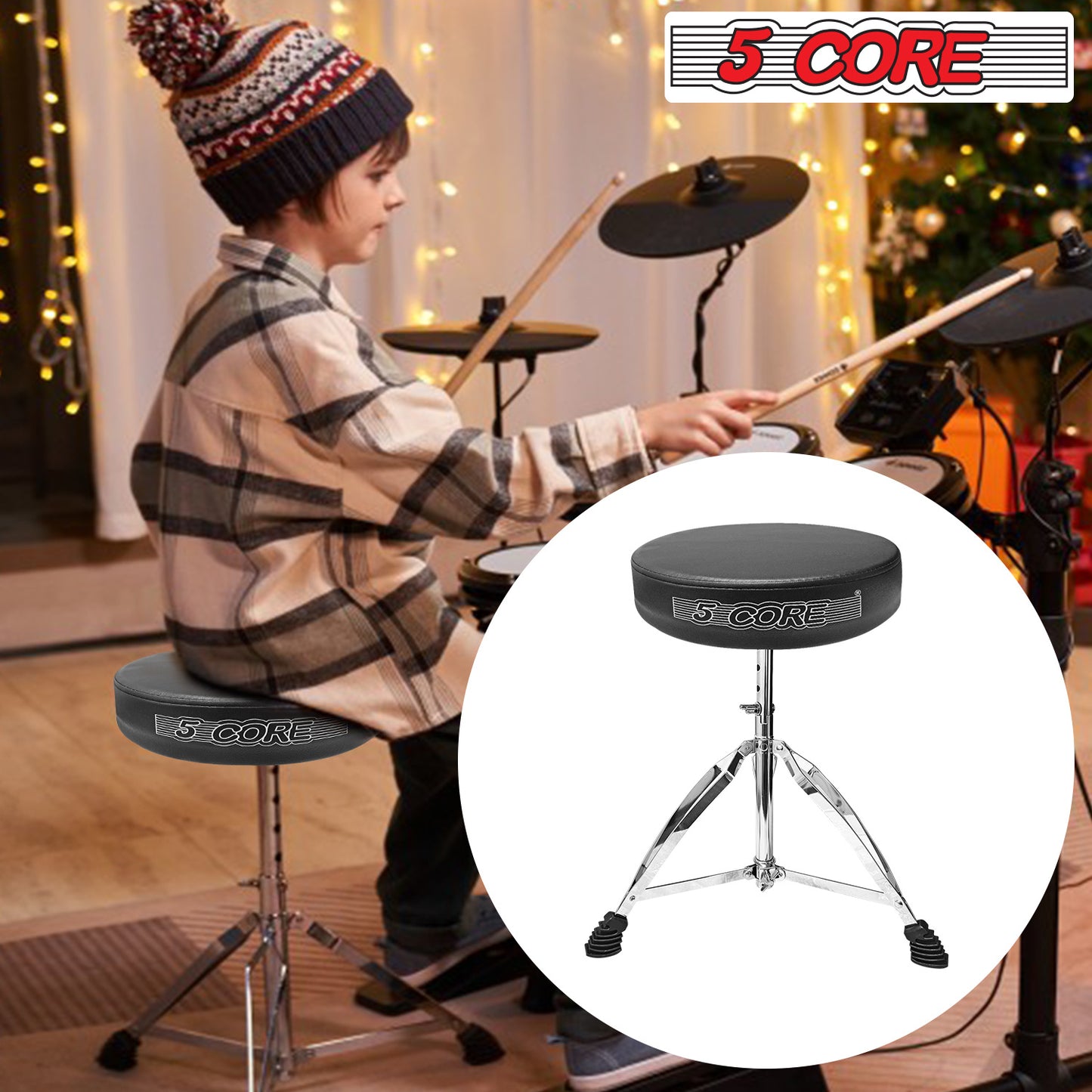 5 Core Drum Throne Comfortable Padded Stool Height Adjustable Music DJ Chair Heavy Duty Seat for Drummer Kids and Adults - DS CH BLK