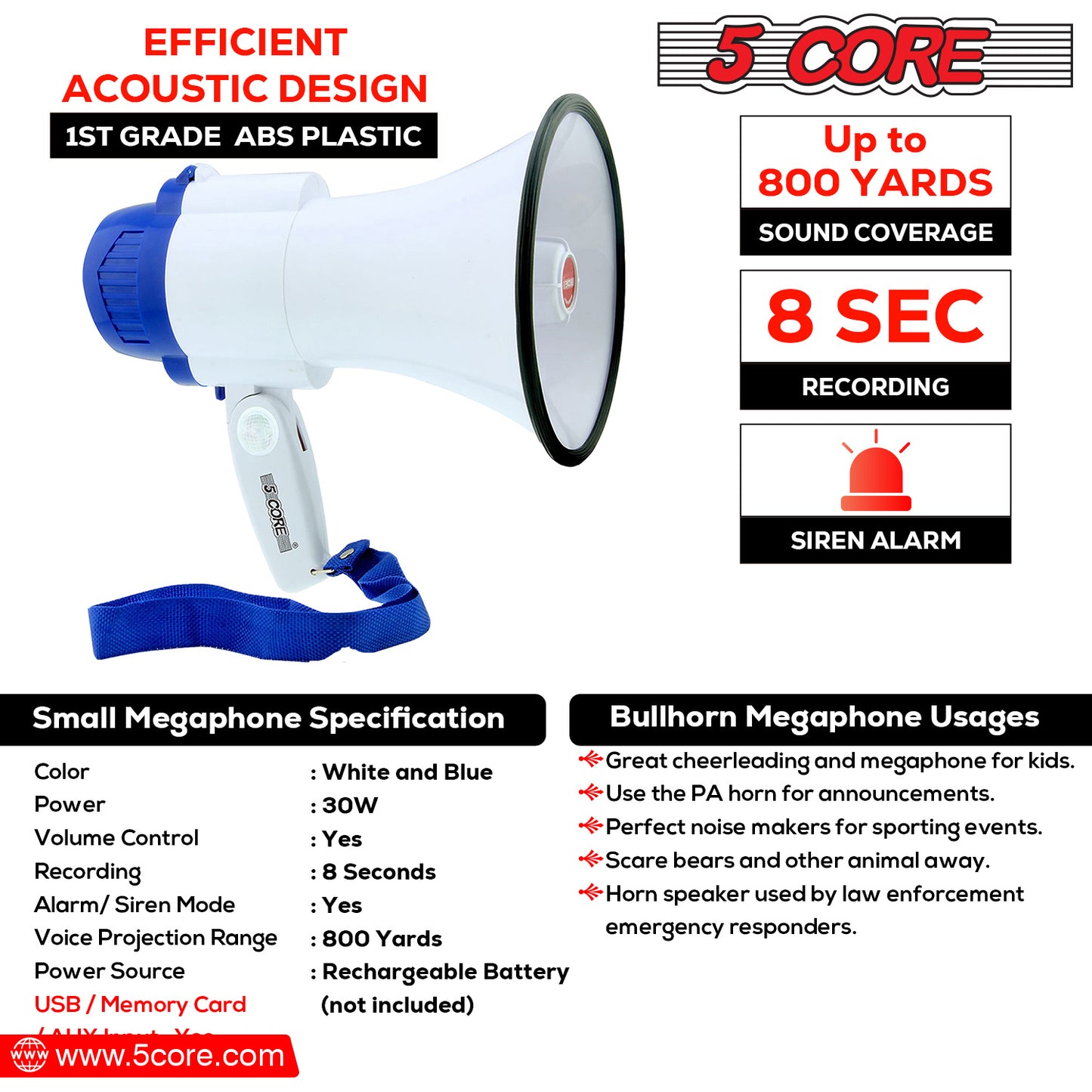 5 CORE Megaphone Bull Horn 30W Loud Speaker 800 Yards Range Rechargeable Portable USB Bullhorn w Recording Volume Control Siren Noise Maker for Kids and Adults for Cheerleading Football Safety Drills