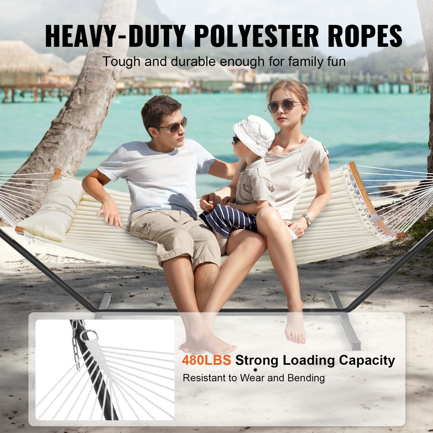Double Quilted Fabric Hammock Two Person Hammock with Stand 480lb Capacity