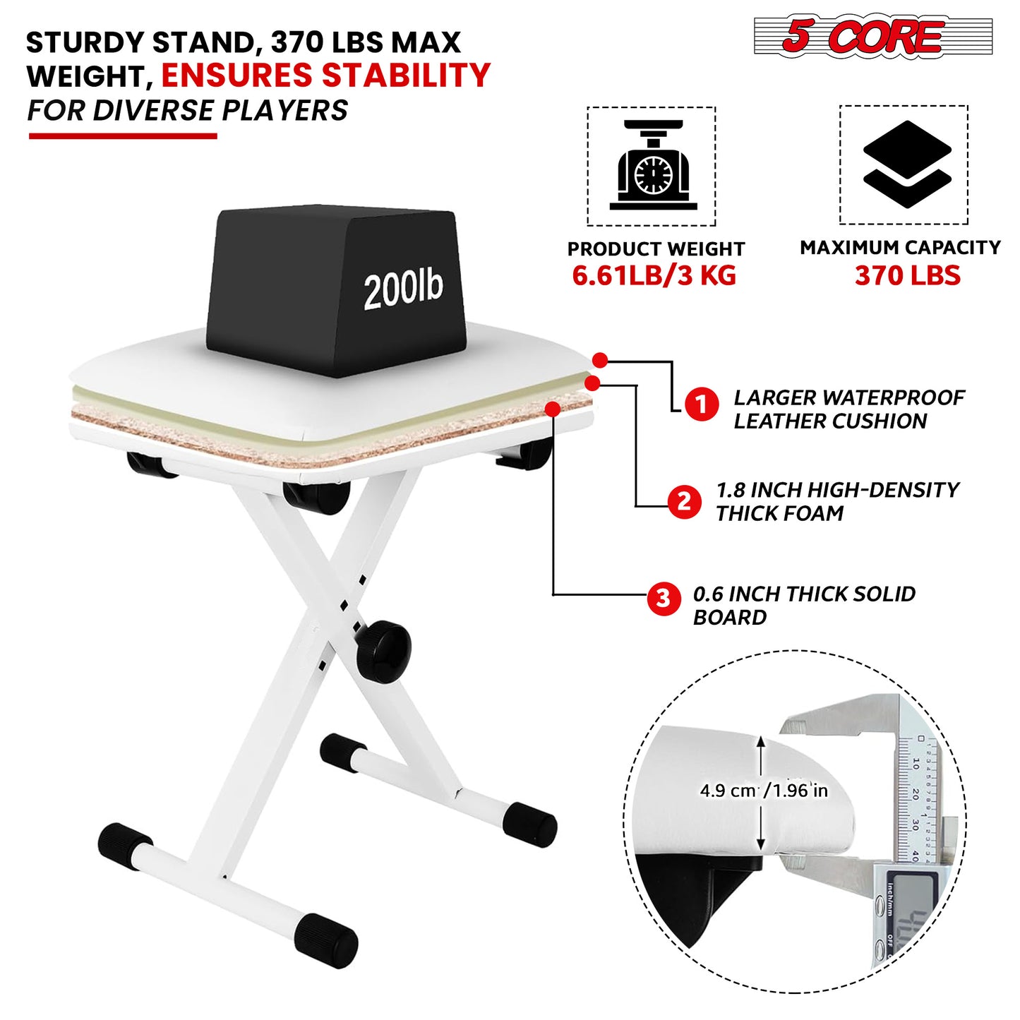 5 Core Keyboard Bench X Style Piano Stool Thick Padded Seat 16.3 to 19.6 inch Adjustable Keyboards Chair White - KBB 02 WH