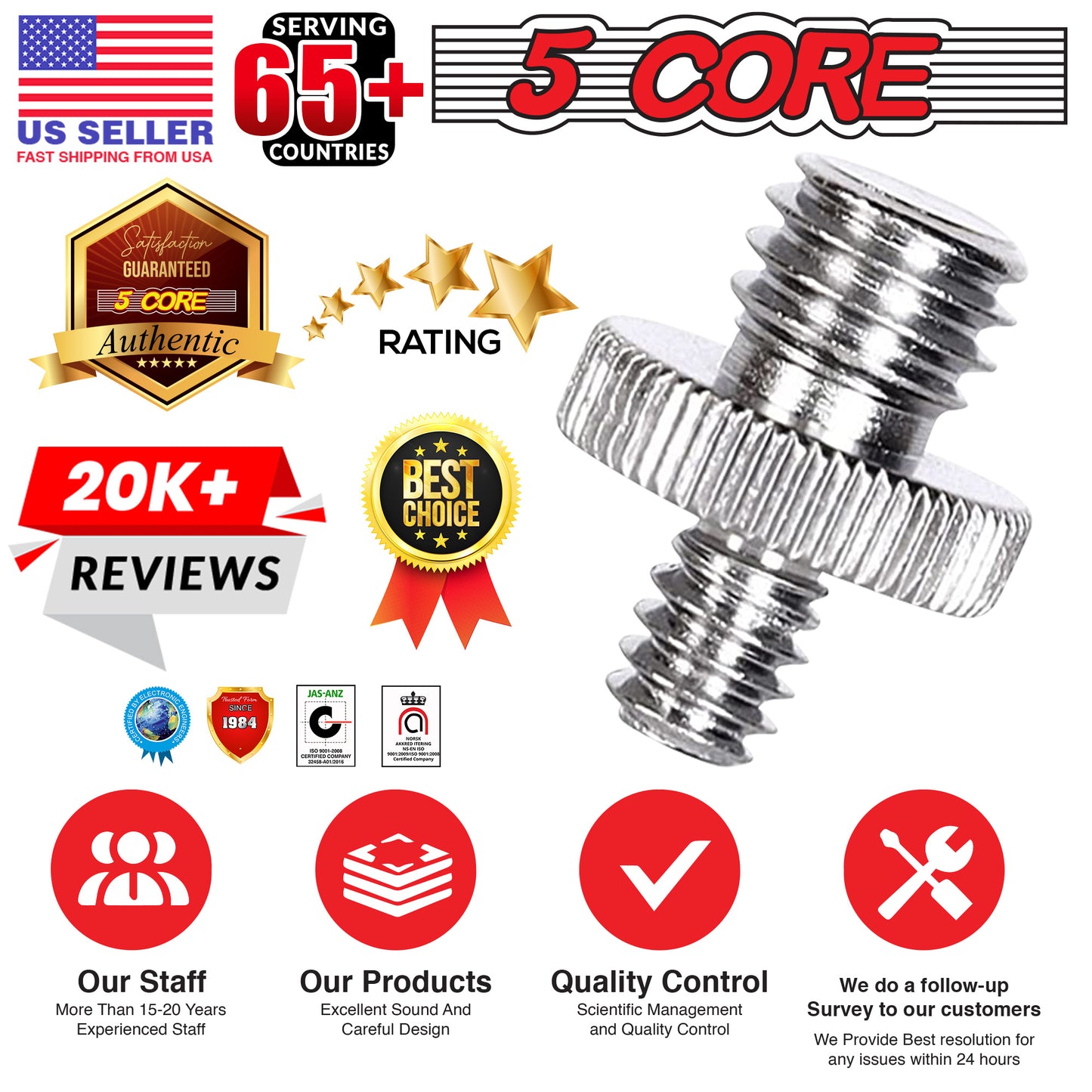 5 Core 1/4" Male to 3/8"-16 Male Threaded Tripod Screw Adapter Standard Tripod Mounting Thread Camera Adapter Converter for Camera Cage Mount Light Stand Monopod 5 Pack