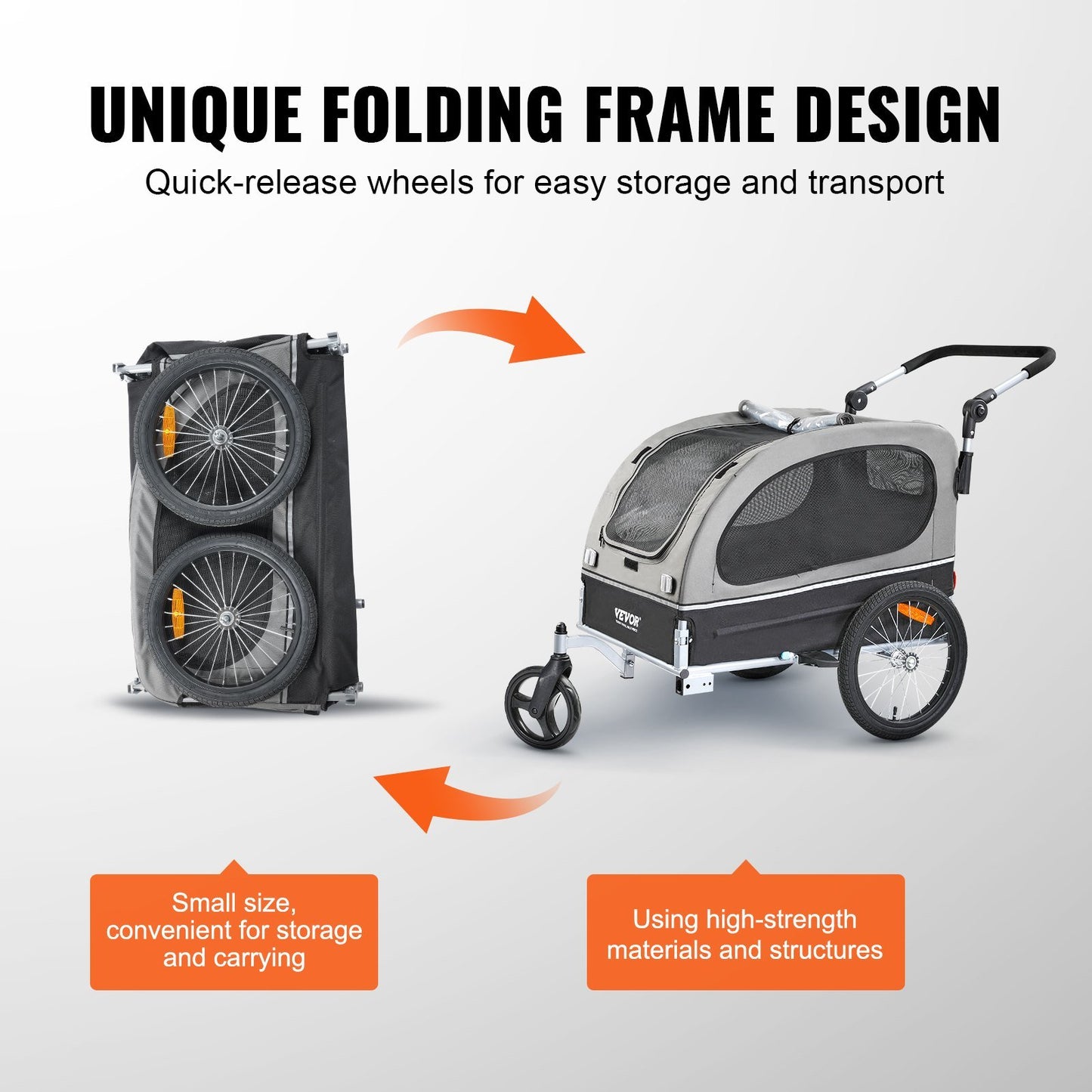 Dog Bike Trailer, Supports up to 88 lbs, 2-in-1 Pet Stroller Cart Bicycle Carrier, Easy Folding Cart Frame with Quick Release Wheels, Universal Bicycle Coupler, Reflectors, Flag, Black/Gray