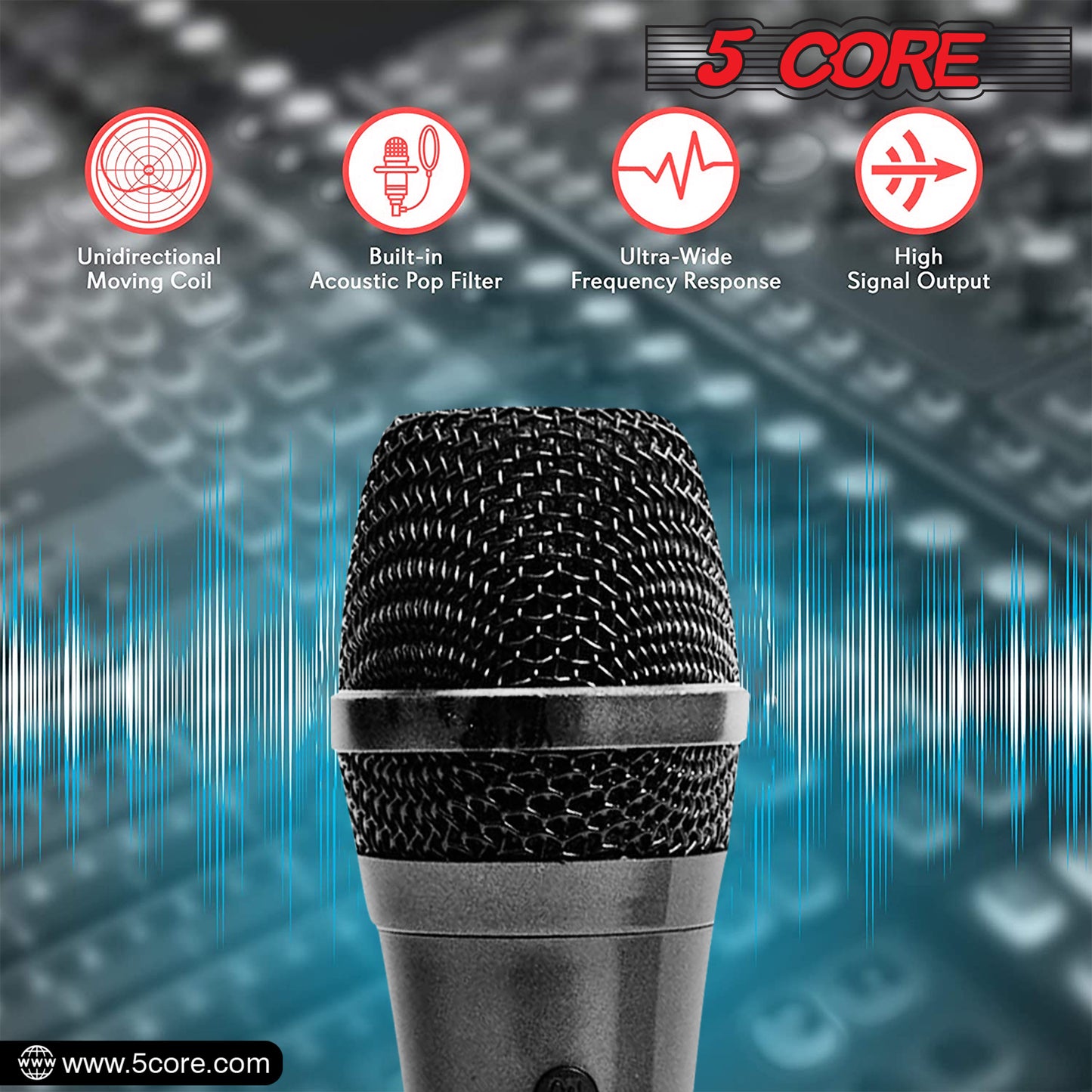 5 Core Microphone XLR Dynamic Mic Karaoke Singing Handheld Microfono Wired Professional Unidirectional 1/4 Plug In Cord Connection for Vocal DJ Music - PM-286
