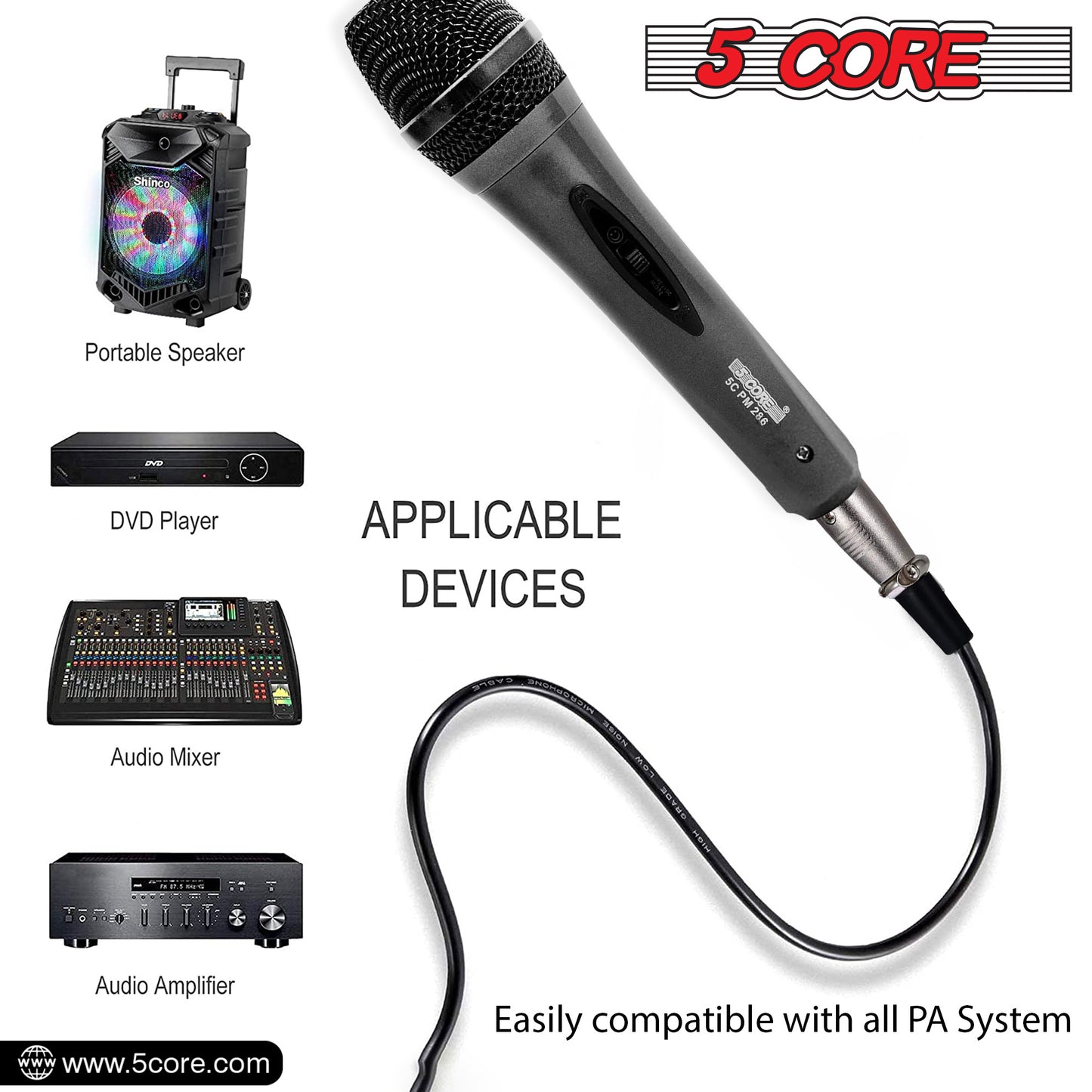 5 Core Microphone XLR Dynamic Mic Karaoke Singing Handheld Microfono Wired Professional Unidirectional 1/4 Plug In Cord Connection for Vocal DJ Music - PM-286