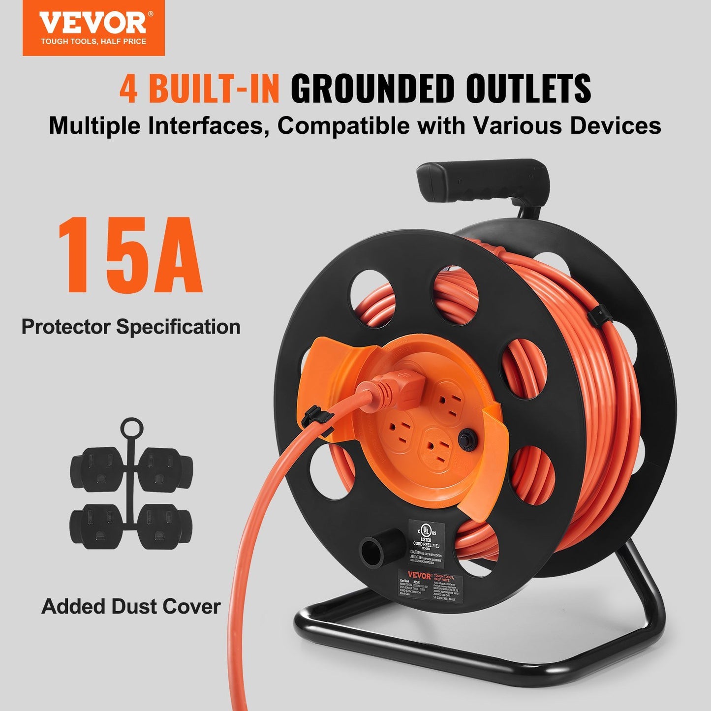 Extension Cord Reel, 100FT, with 4 Outlets and Dust Cover, Heavy Duty 12AWG SJTOW Power Cord, Manual Cord Reel with Portable Handle Circuit Breaker, for Outdoor Indoor Toolshed Garage, UL Listed