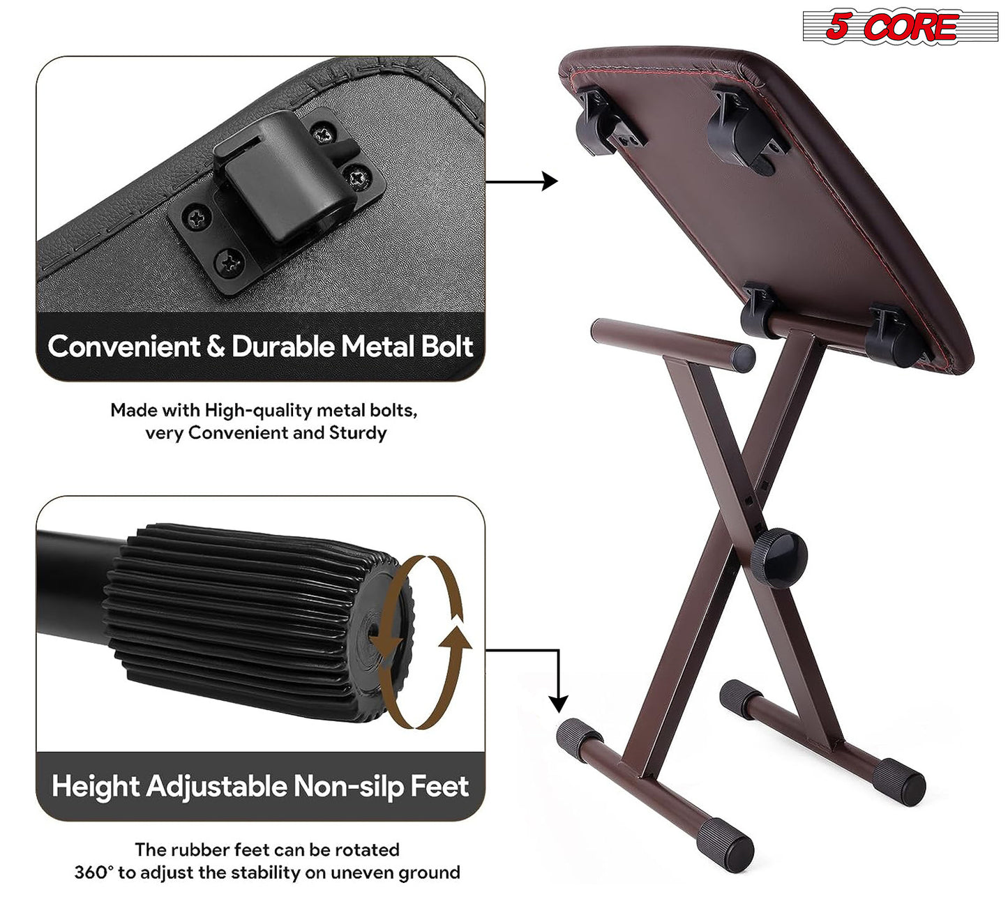 5 Core Keyboard Bench X Style Piano Stool Thick Padded Seat 16.3 to 19.6 inch Adjustable Keyboards Chair Brown - KBB 02 BR
