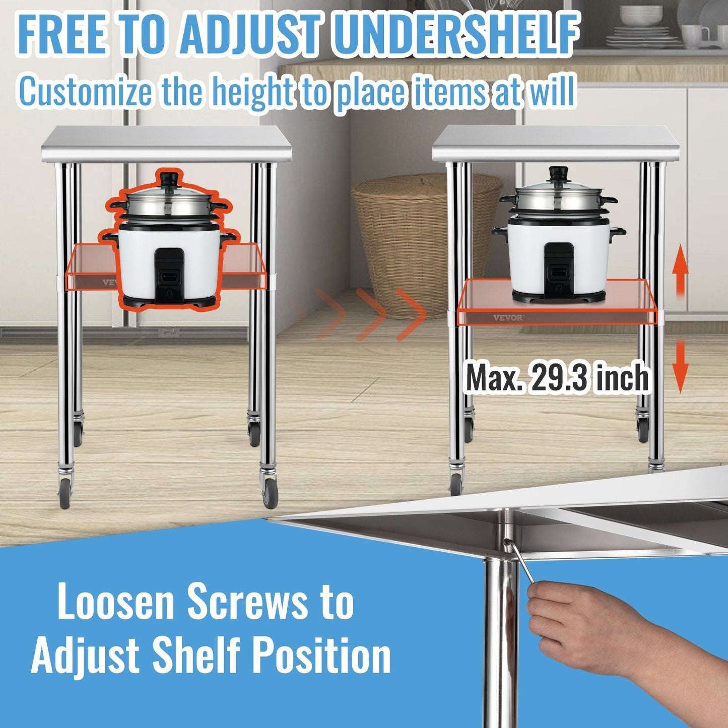 Stainless Steel Prep Table, 24 x 24 x 36 Inch, 600lbs Load Capacity Heavy Duty Metal Worktable with Adjustable Undershelf & Universal Wheels, Commercial Workstation for Kitchen Garage Backyard