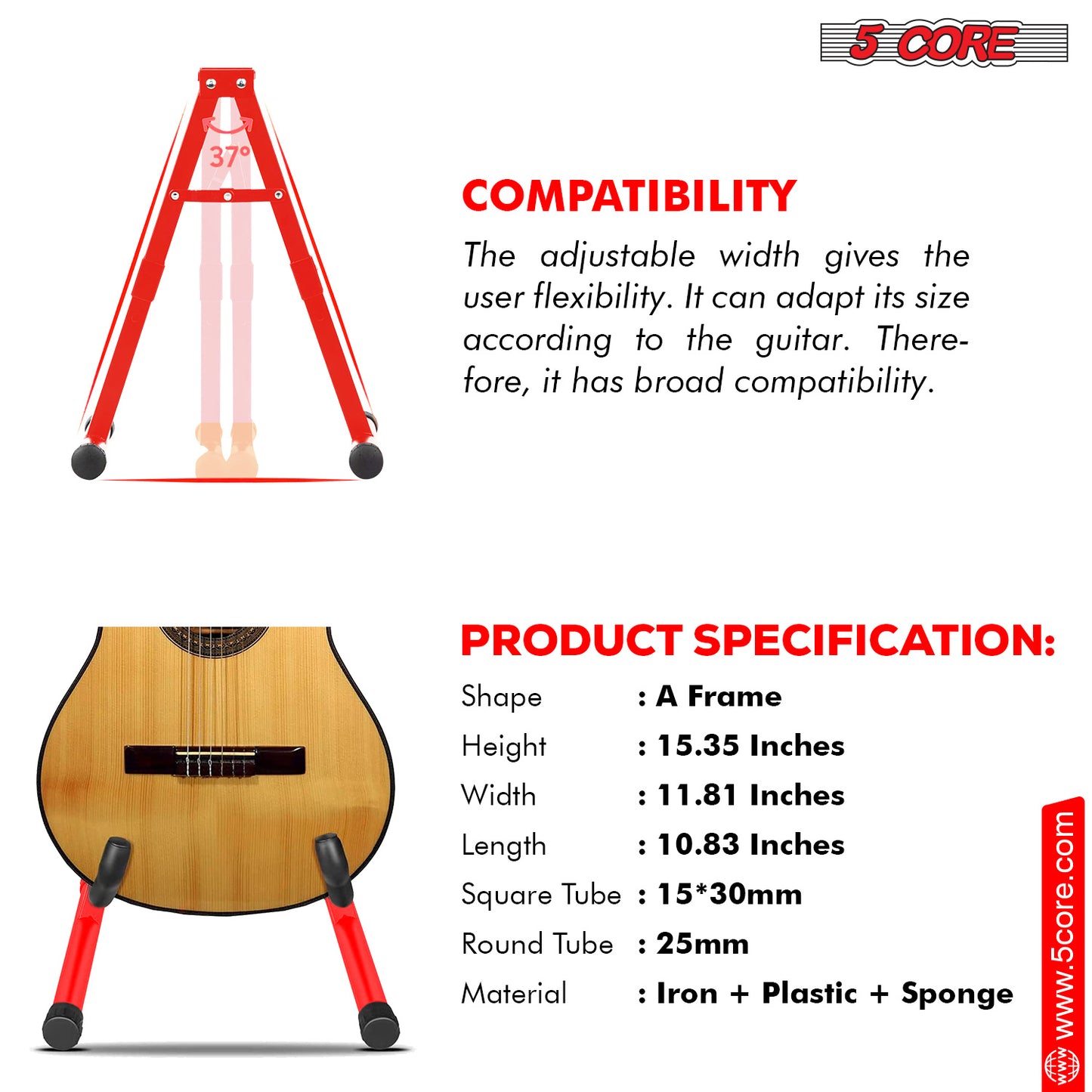 5 Core Guitar Stand Floor Pair Adjustable Heavy Duty A Frame Universal Folding Acoustic Electric Bass Mandolin Banjo Violin Stands For On Stage Studio - GSS Red 2PCS
