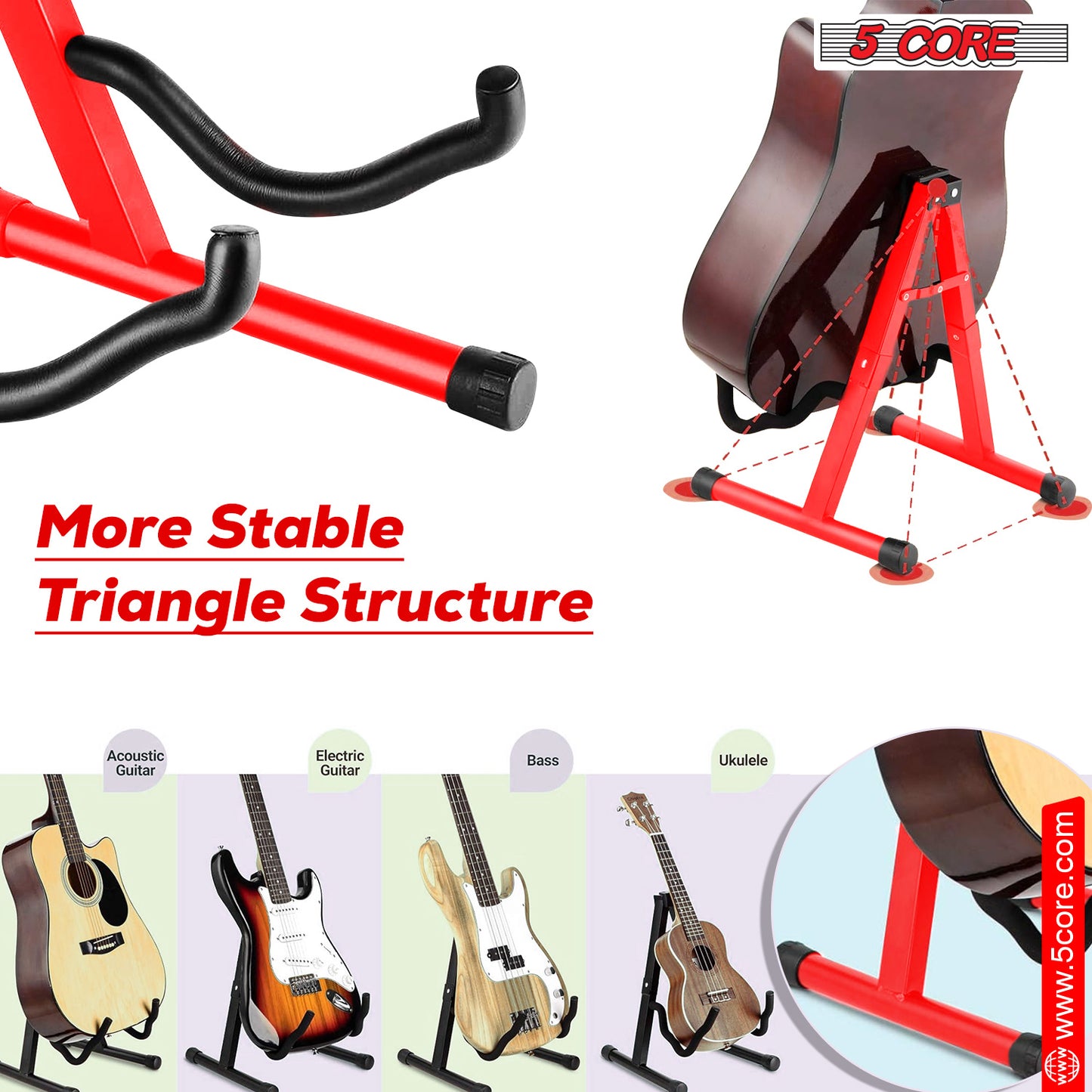 5 Core Guitar Stand Floor Pair Adjustable Heavy Duty A Frame Universal Folding Acoustic Electric Bass Mandolin Banjo Violin Stands For On Stage Studio - GSS Red 2PCS