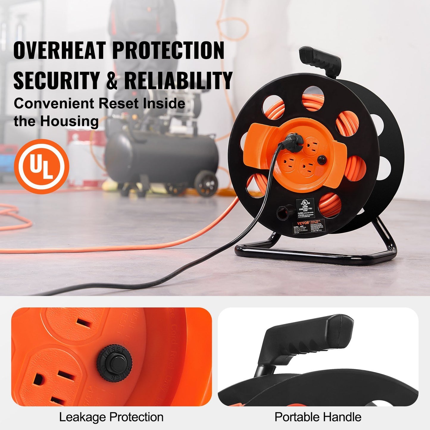 Extension Cord Reel, 100FT, with 4 Outlets and Dust Cover, Heavy Duty 12AWG SJTOW Power Cord, Manual Cord Reel with Portable Handle Circuit Breaker, for Outdoor Indoor Toolshed Garage, UL Listed