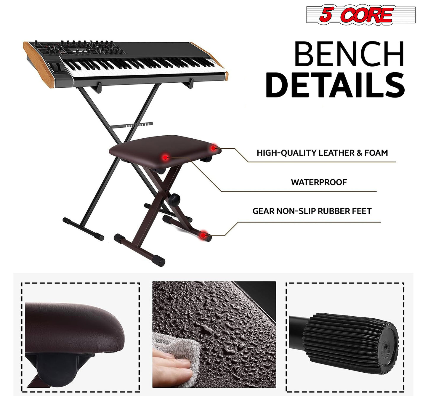 5 Core Keyboard Bench X Style Piano Stool Thick Padded Seat 16.3 to 19.6 inch Adjustable Keyboards Chair Brown - KBB 02 BR
