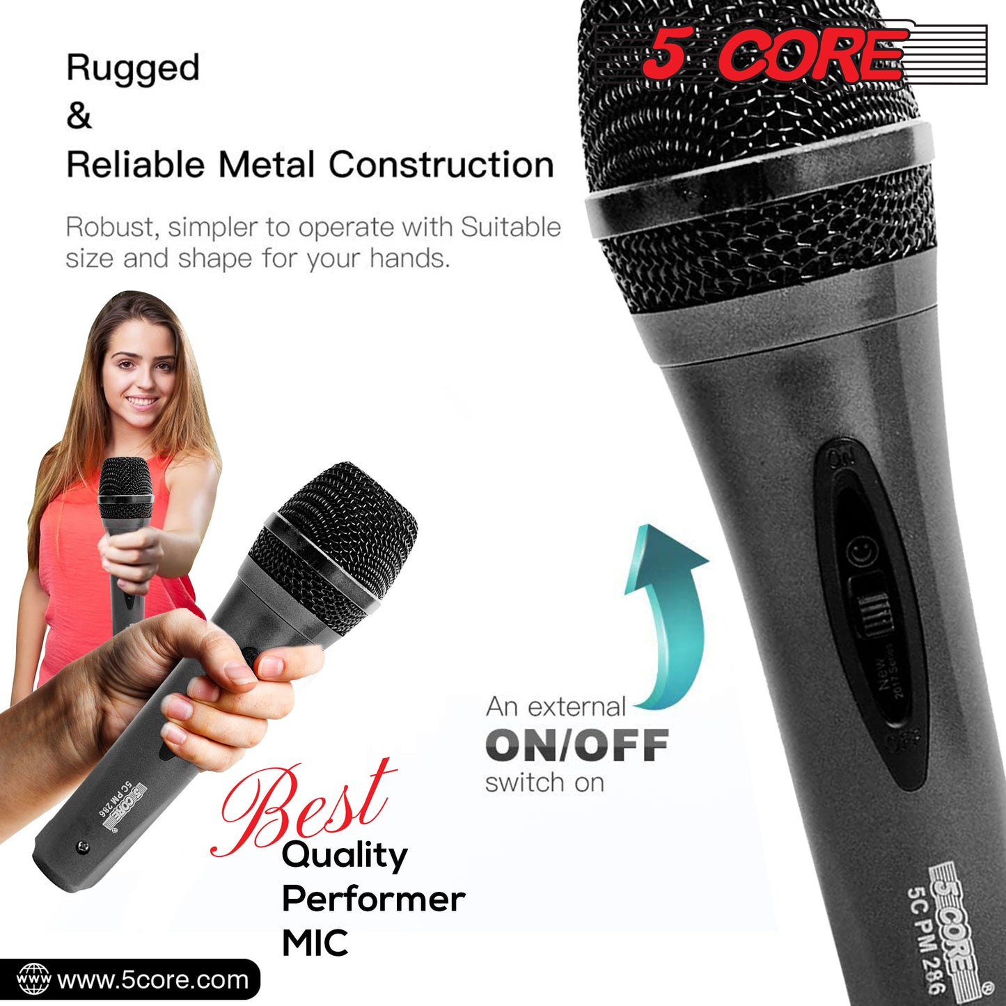5 Core Microphone XLR Dynamic Mic Karaoke Singing Handheld Microfono Wired Professional Unidirectional 1/4 Plug In Cord Connection for Vocal DJ Music - PM-286