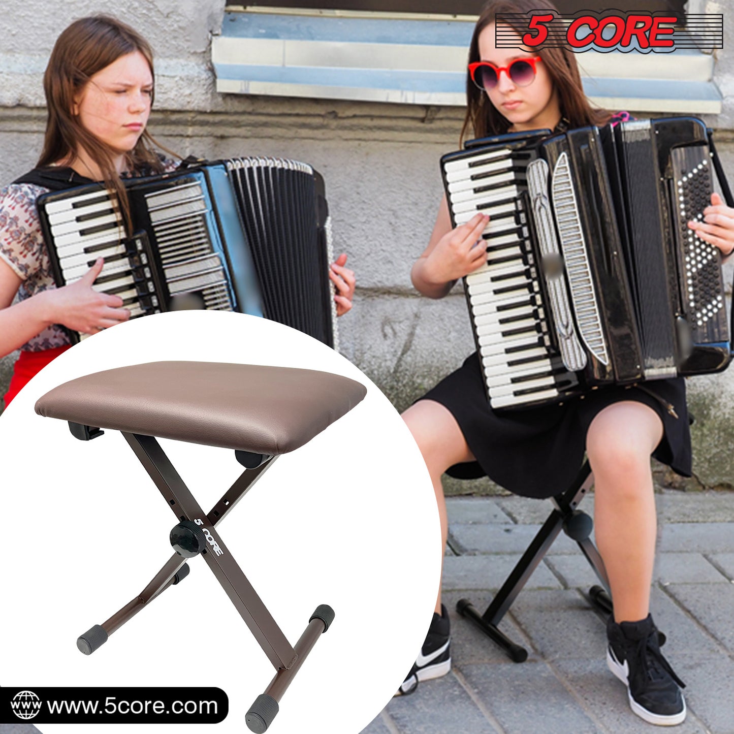 5 Core Keyboard Bench X Style Piano Stool Thick Padded Seat 16.3 to 19.6 inch Adjustable Keyboards Chair Brown - KBB 02 BR