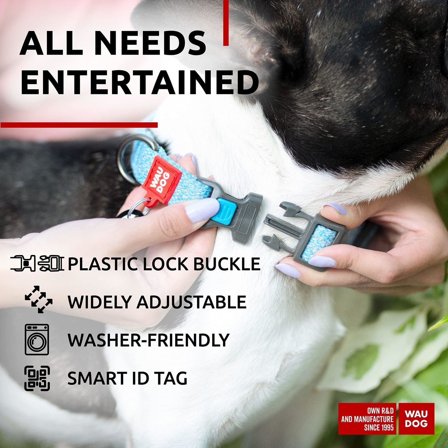 Blue Reflective Cotton Dog Collar Eco Friendly Alt to Nylon Collar for Small Medium and Large Dogs 14-23 inch Neck x 1 inch Wide Pet Collar with QR ID Tag