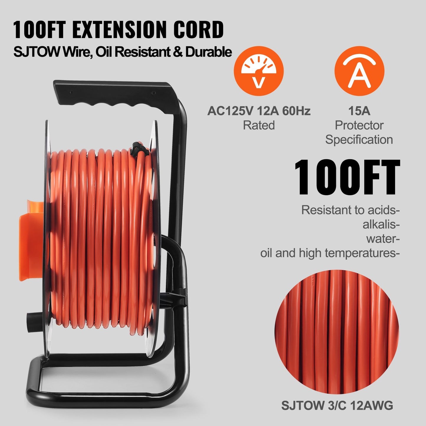 Extension Cord Reel, 100FT, with 4 Outlets and Dust Cover, Heavy Duty 12AWG SJTOW Power Cord, Manual Cord Reel with Portable Handle Circuit Breaker, for Outdoor Indoor Toolshed Garage, UL Listed