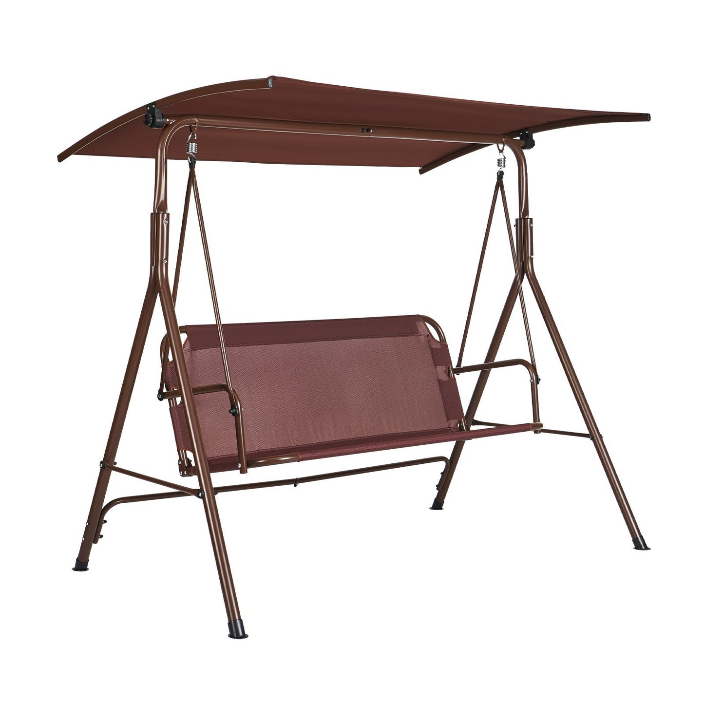 3-Person Patio Swing Chair, Outdoor Patio Swing with Adjustable Canopy, Porch Swing with Armrests, Teslin Fabric and Alloy Steel Frame, for Balcony, Backyard, Patio, Garden, Poolside, Brown