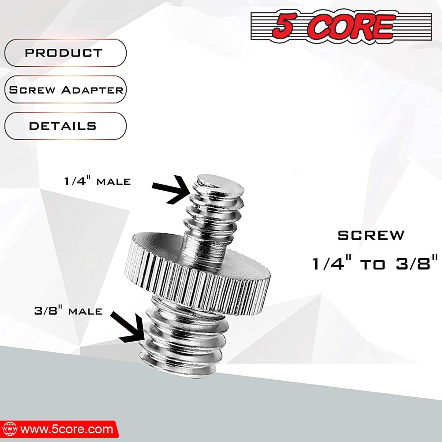 5 Core 1/4" Male to 3/8"-16 Male Threaded Tripod Screw Adapter Standard Tripod Mounting Thread Camera Adapter Converter for Camera Cage Mount Light Stand Monopod 5 Pack