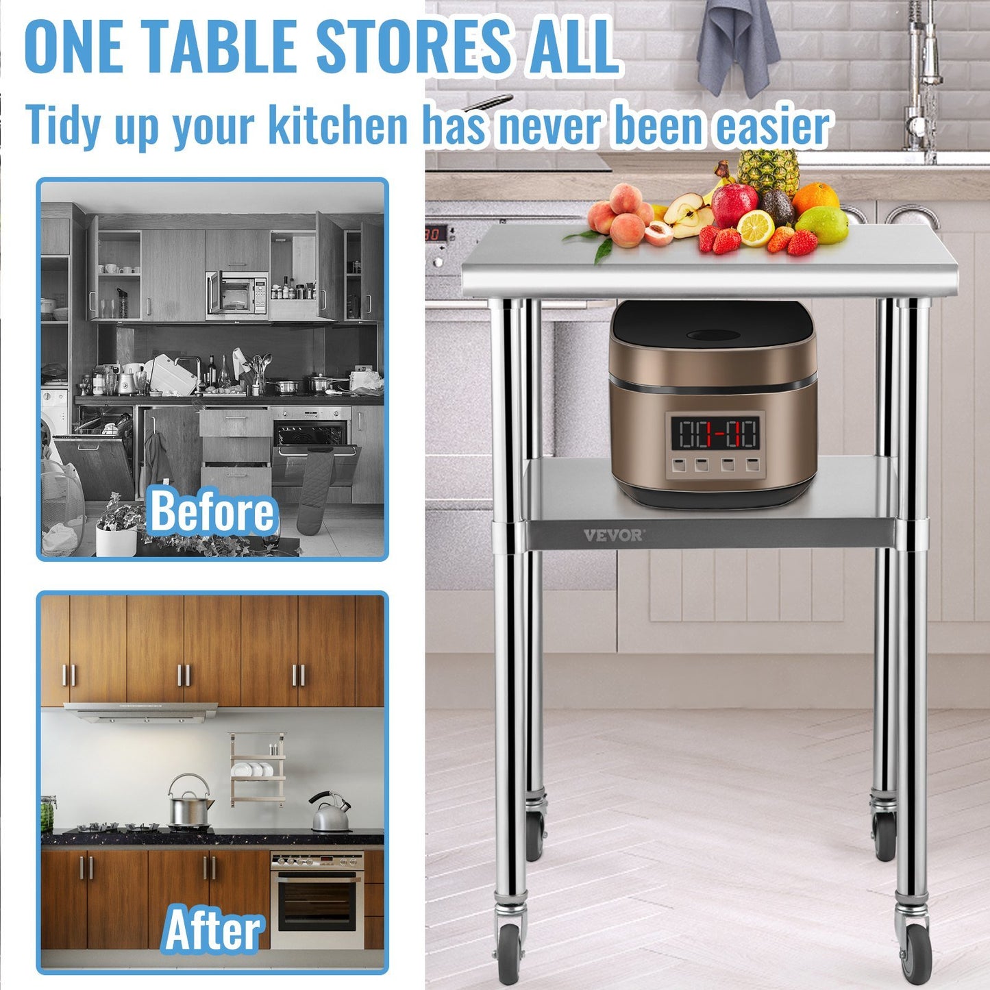 Stainless Steel Prep Table, 24 x 24 x 36 Inch, 600lbs Load Capacity Heavy Duty Metal Worktable with Adjustable Undershelf & Universal Wheels, Commercial Workstation for Kitchen Garage Backyard