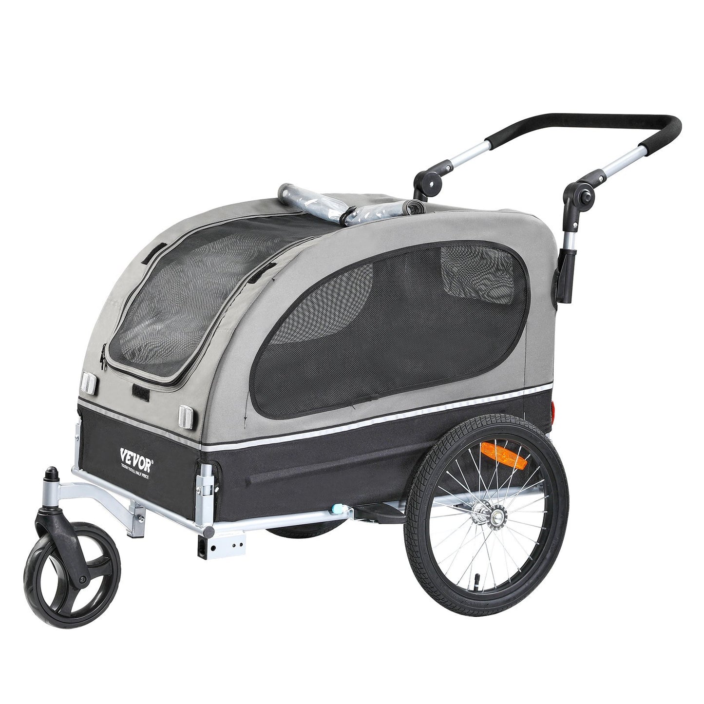 Dog Bike Trailer, Supports up to 88 lbs, 2-in-1 Pet Stroller Cart Bicycle Carrier, Easy Folding Cart Frame with Quick Release Wheels, Universal Bicycle Coupler, Reflectors, Flag, Black/Gray