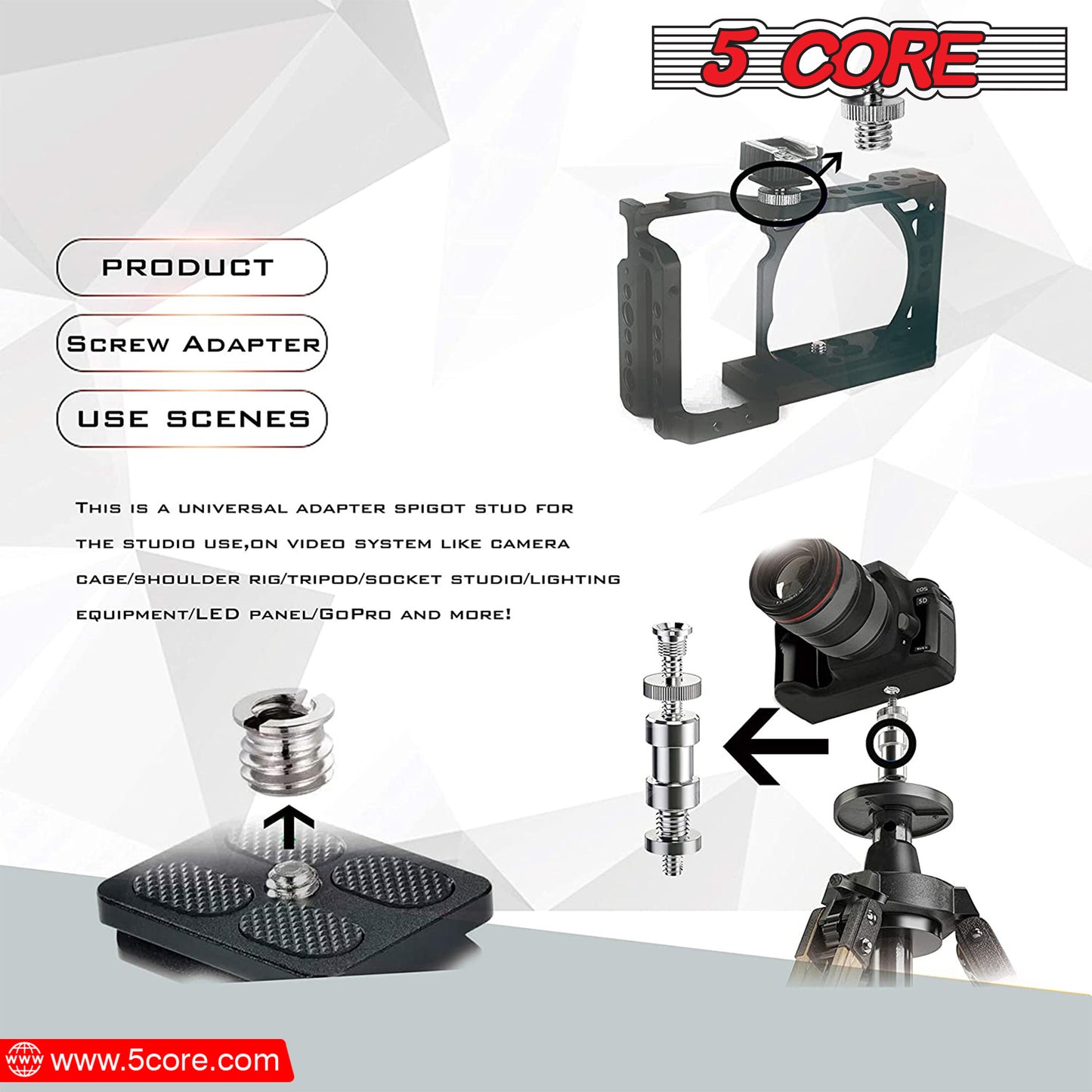 5 Core 1/4" Male to 3/8"-16 Male Threaded Tripod Screw Adapter Standard Tripod Mounting Thread Camera Adapter Converter for Camera Cage Mount Light Stand Monopod 5 Pack