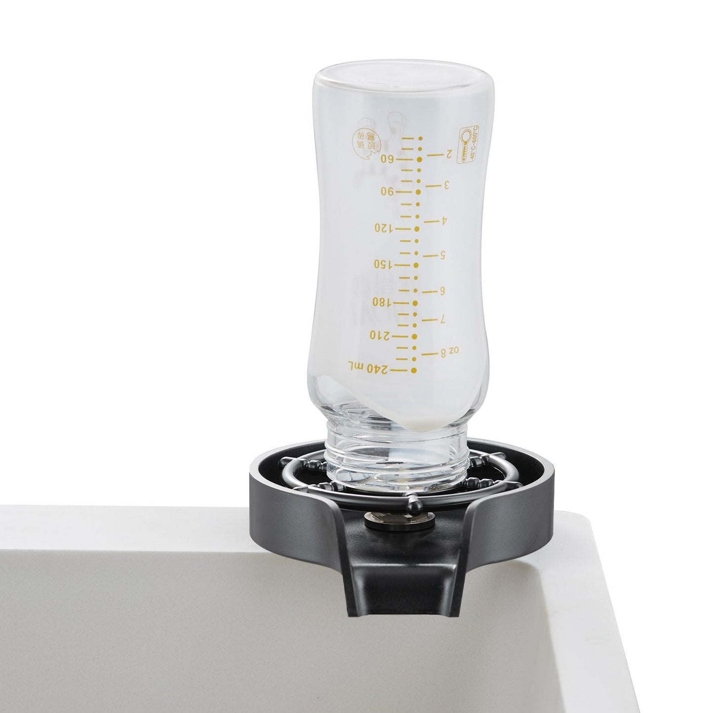 Glass Rinser, 10 Powerful Spraying Jets 360° Rotating Cup Rinser for Sink, Wearproof ABS Kitchen Sink Faucet Cup Washer & ABS Cup Holder for Baby Bottle, Glass Cup, Wine Glass (Black Base)