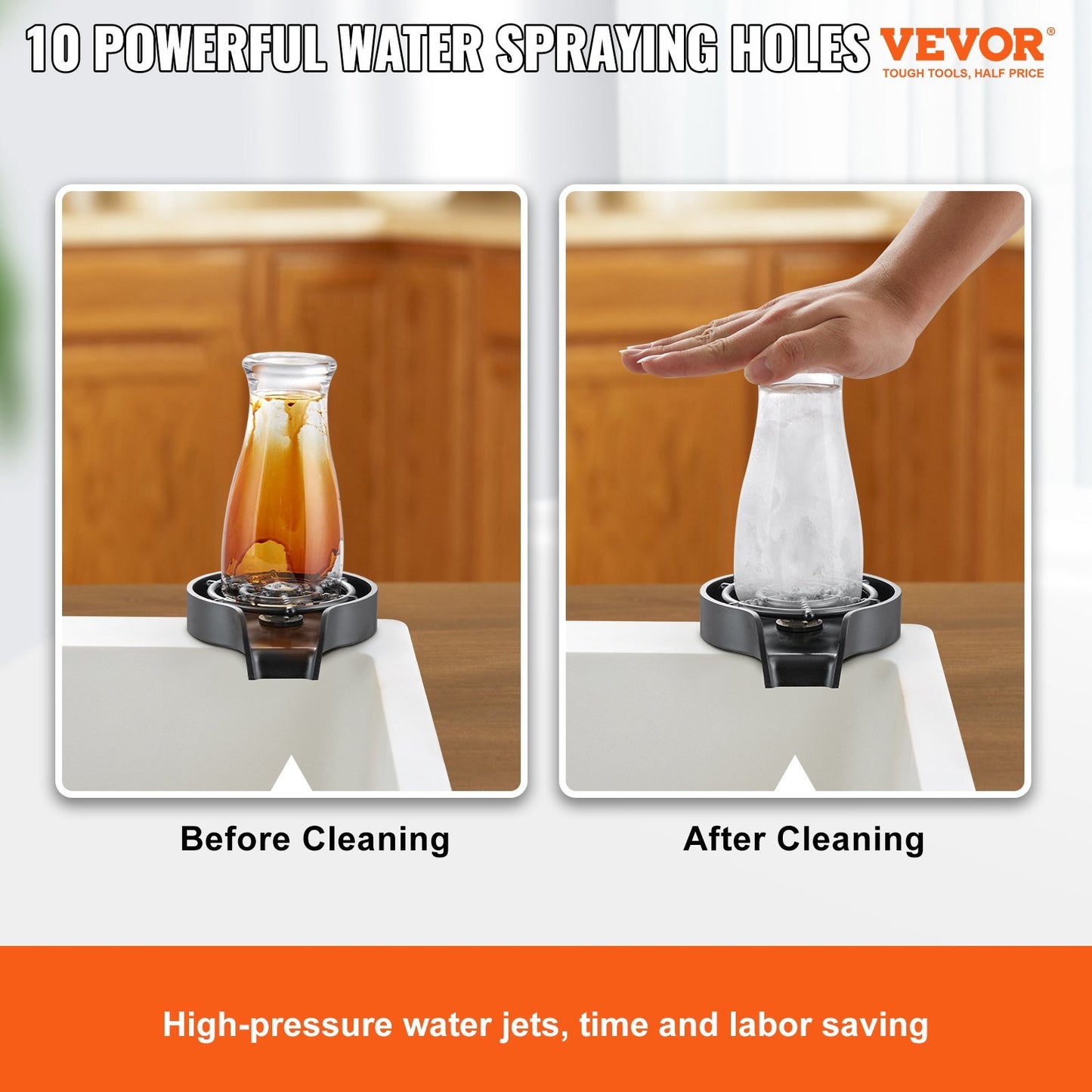 Glass Rinser, 10 Powerful Spraying Jets 360° Rotating Cup Rinser for Sink, Wearproof ABS Kitchen Sink Faucet Cup Washer & ABS Cup Holder for Baby Bottle, Glass Cup, Wine Glass (Black Base)